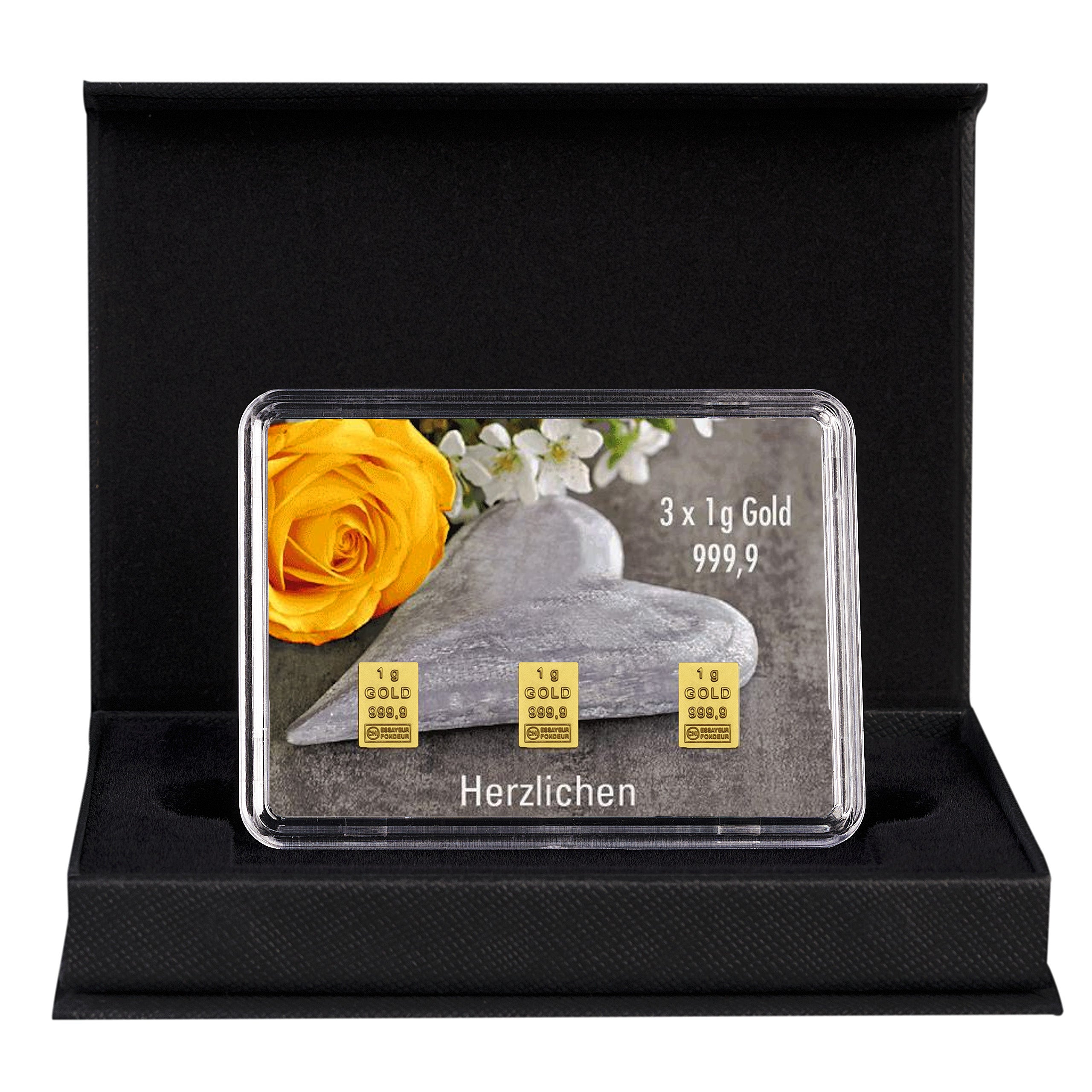 Goldbarren mit Flip-Motivbox "Herzlichen Glückwunsch zur Hochzeit" in schwarzer Geschenkbox