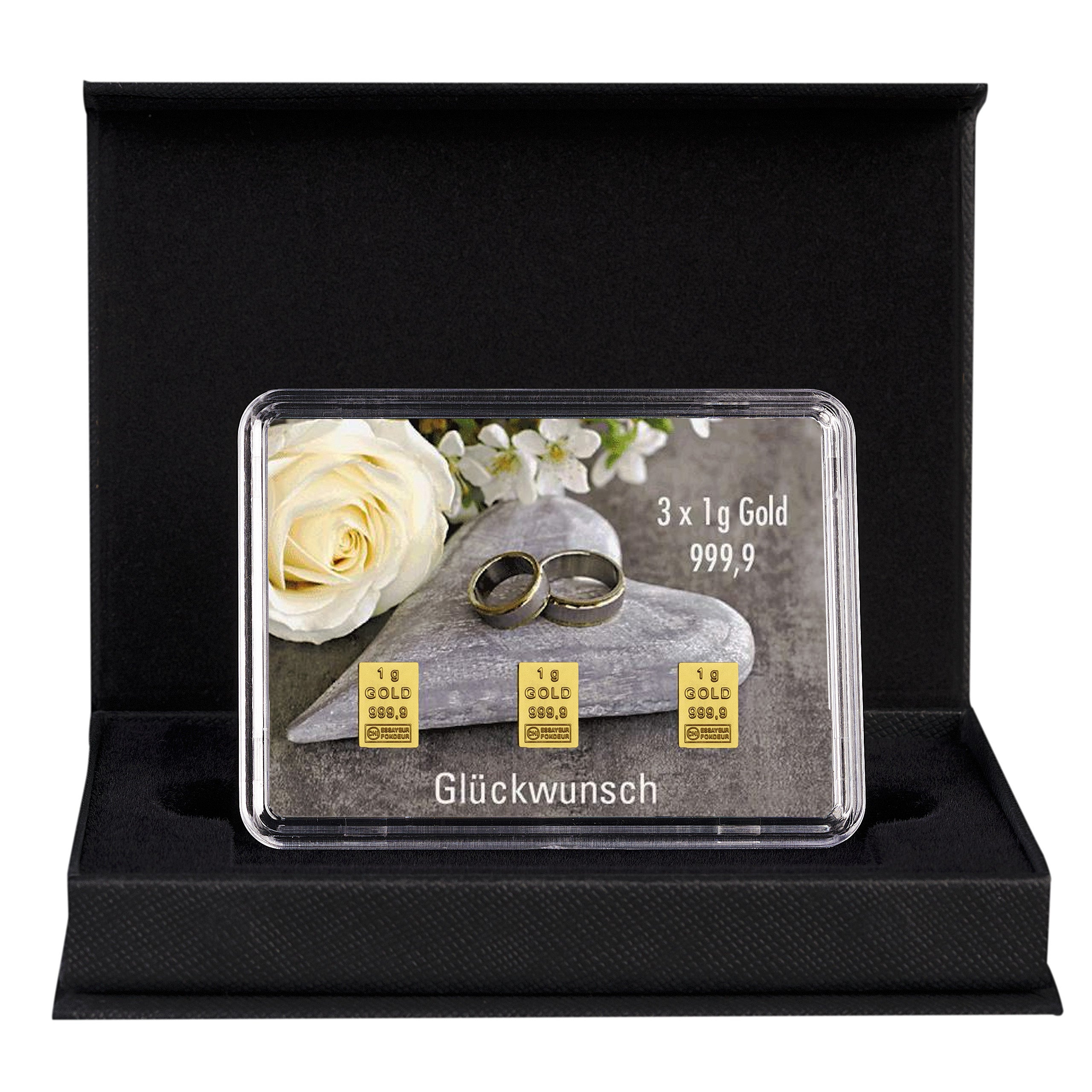 Goldbarren mit Flip-Motivbox "Herzlichen Glückwunsch zur Hochzeit" in schwarzer Geschenkbox