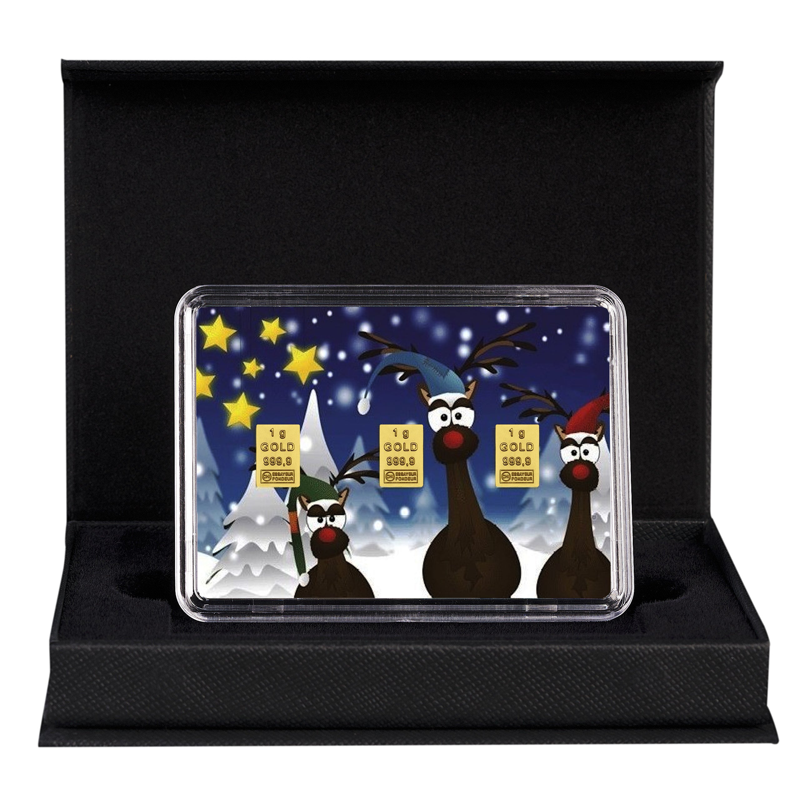 Goldbarren mit Flip-Motivbox "Rentiere" Weihnachten in schwarzer Geschenkbox inkl. Grußkarte mit Wunschtext
