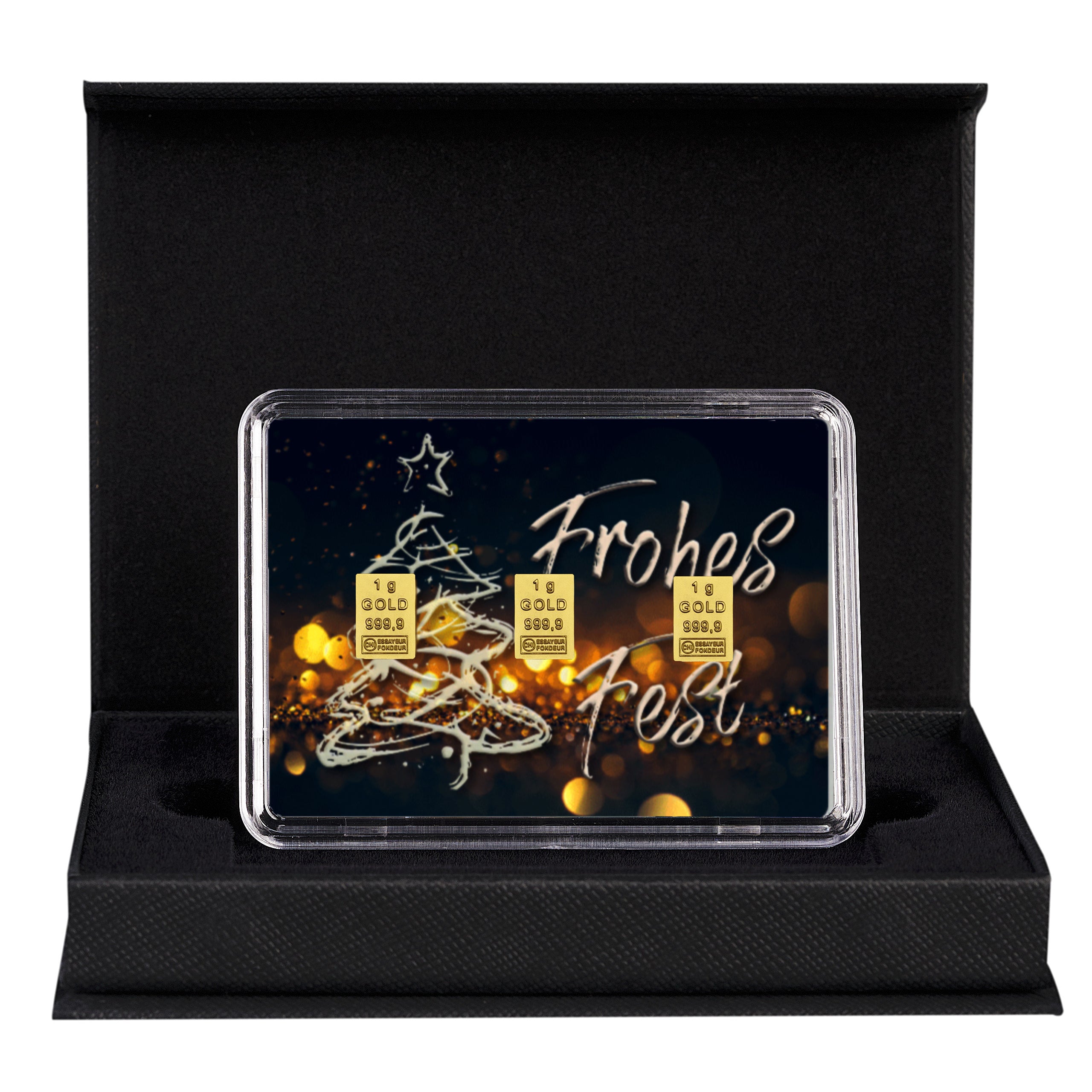 Goldbarren mit Flip-Motivbox Weihnachten "Frohes Fest" in schwarzer Geschenkbox inkl. Grußkarte mit Wunschtext