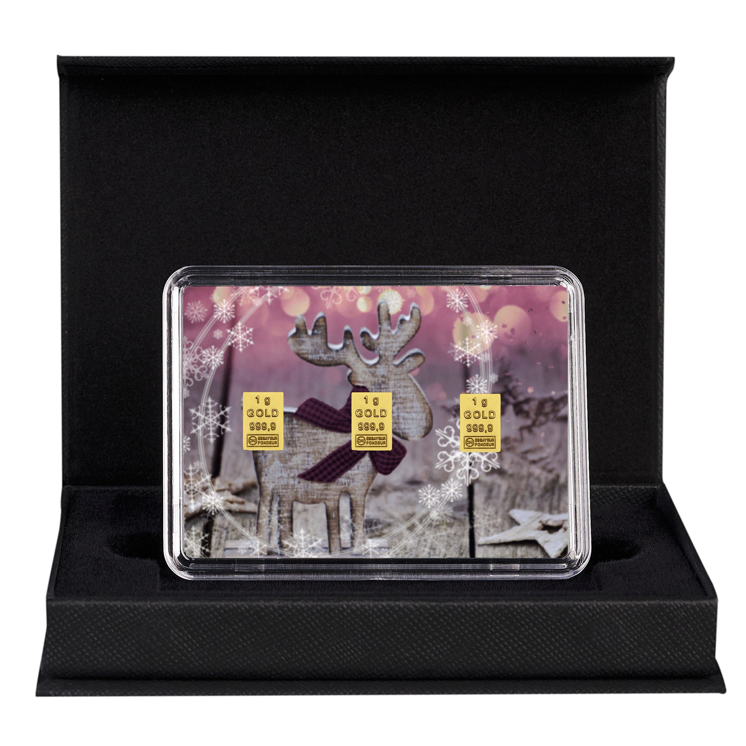 Goldbarren mit Flip-Motivbox Weihnachten "Frohes Fest" in schwarzer Geschenkbox inkl. Grußkarte mit Wunschtext