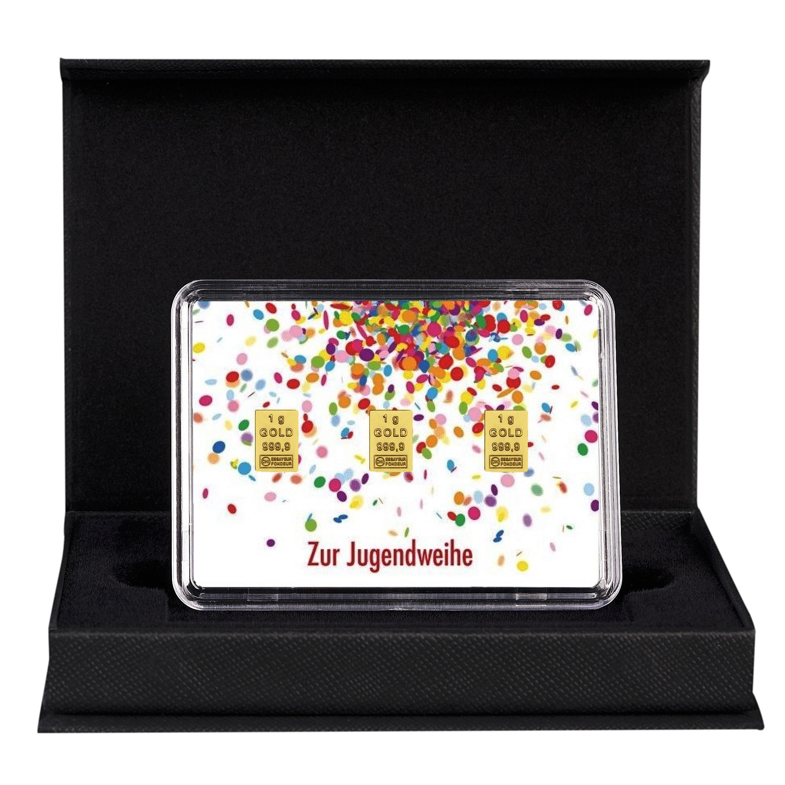 Goldbarren mit Flip-Motivbox "Zur Jugendweihe" in schwarzer Geschenkbox