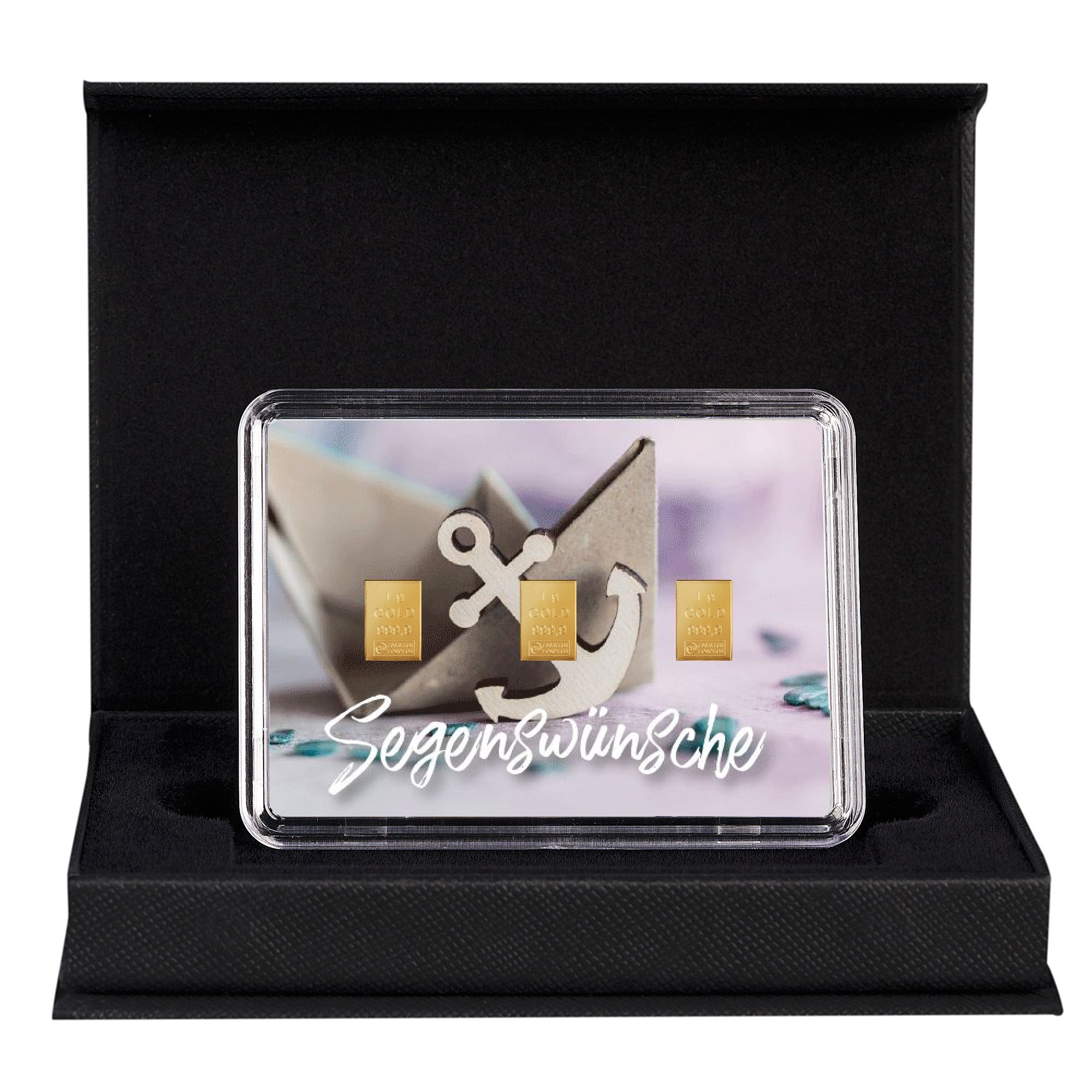Goldbarren mit Flip-Motivbox "Segenswünsche zur Taufe" in schwarzer Geschenkbox inkl. Grußkarte mit Wunschtext