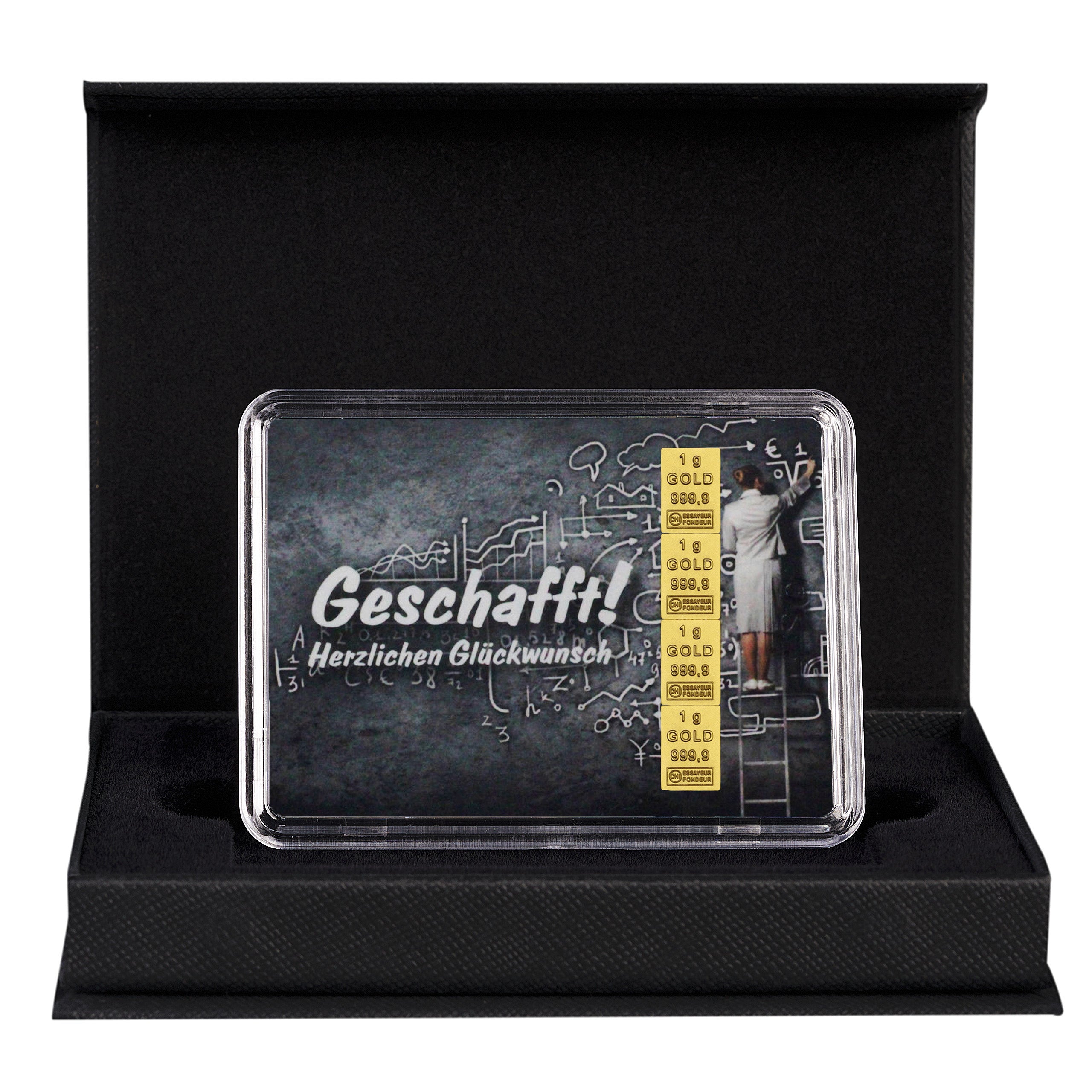 Geschenk zur bestandenen Prüfung schwarzes Etui mit Goldbarren