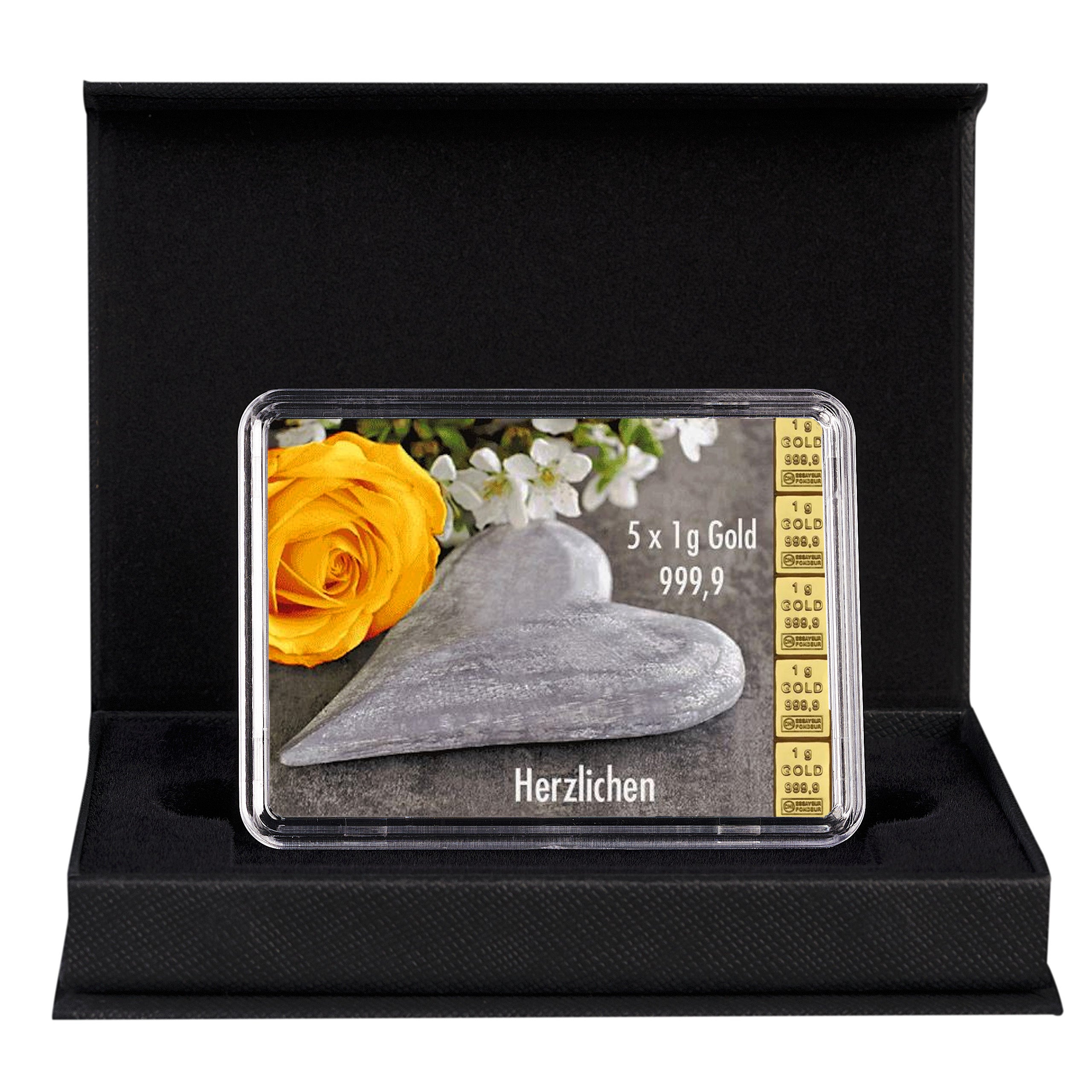 Goldbarren mit Flip-Motivbox "Herzlichen Glückwunsch zur Hochzeit" in schwarzer Geschenkbox