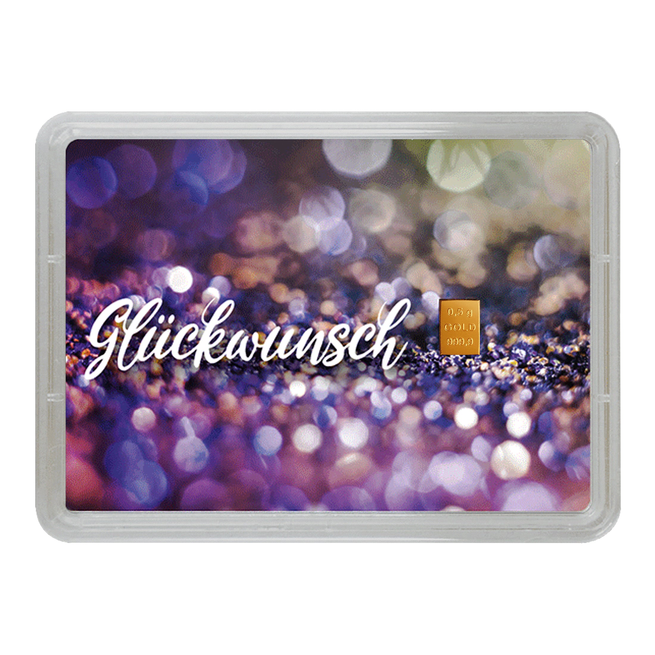 Goldbarren mit 0,5 g Feingold auf lila Glitzermotiv und Schriftzug „Glückwunsch“ – edles Geschenk für besondere Anlässe.