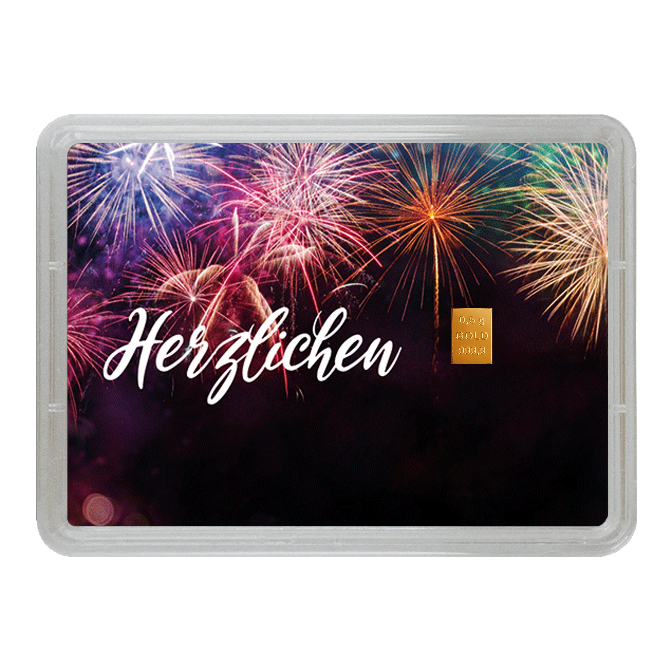 Goldgeschenk mit 0,5 g Feingold, Motiv „Herzlichen“ und buntem Feuerwerk – ideal zum Gratulieren.