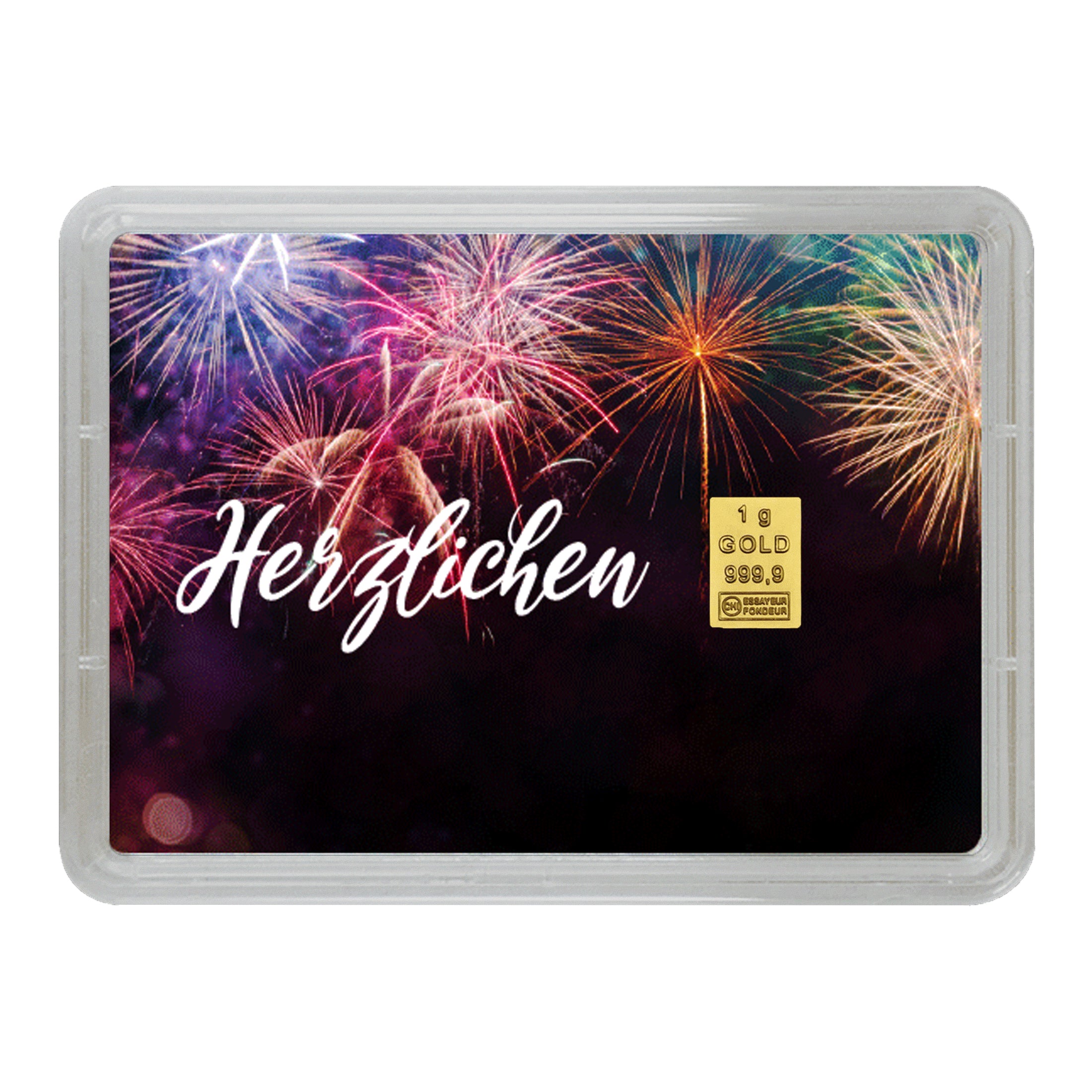1 g Goldbarren mit Feuerwerksmotiv und Aufschrift „Herzlichen“ – glänzendes Präsent zum Gratulieren.