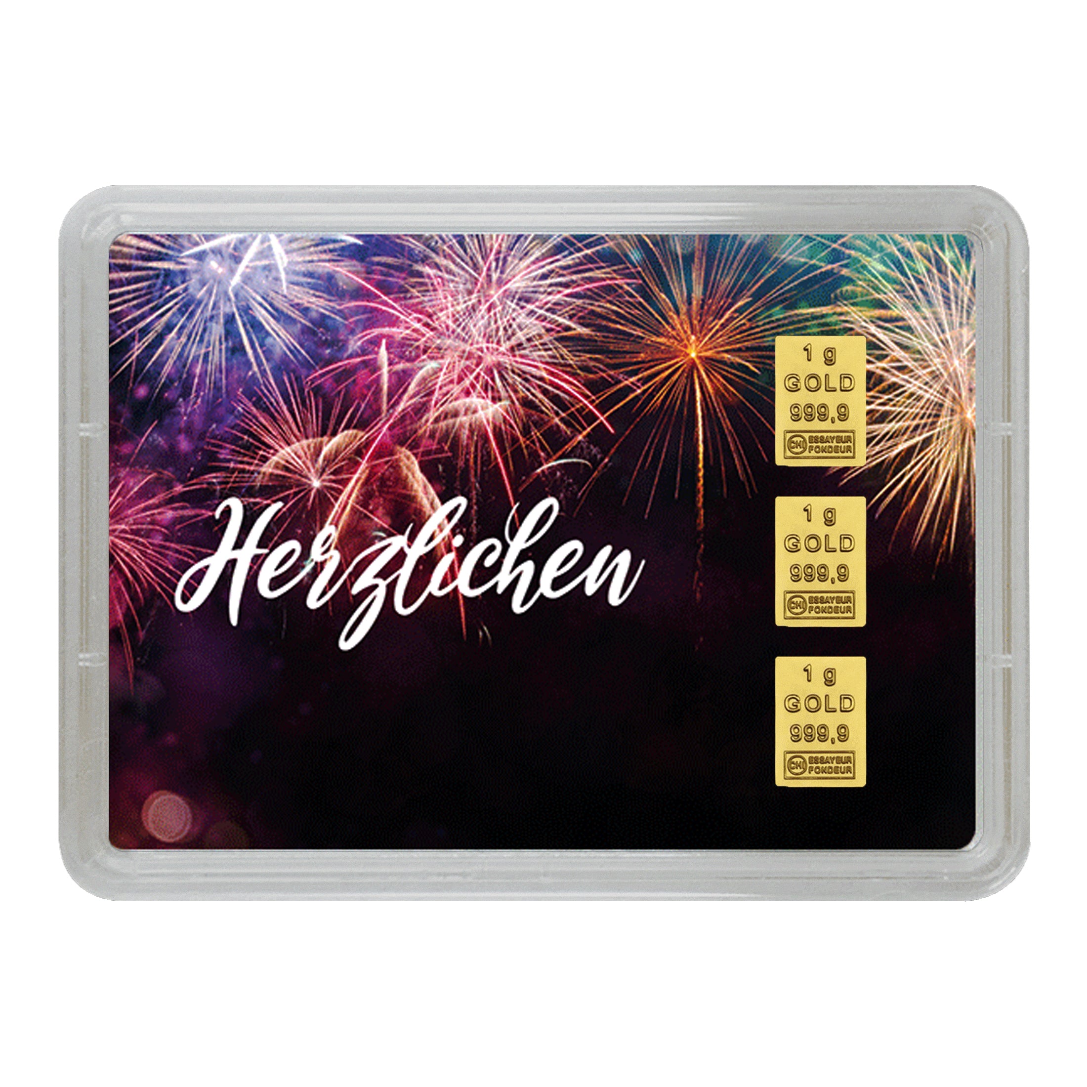 Dreifacher Goldbarren à 1 g mit Feuerwerk und Aufschrift „Herzlichen“ – hochwertiges Geschenk zur Gratulation.