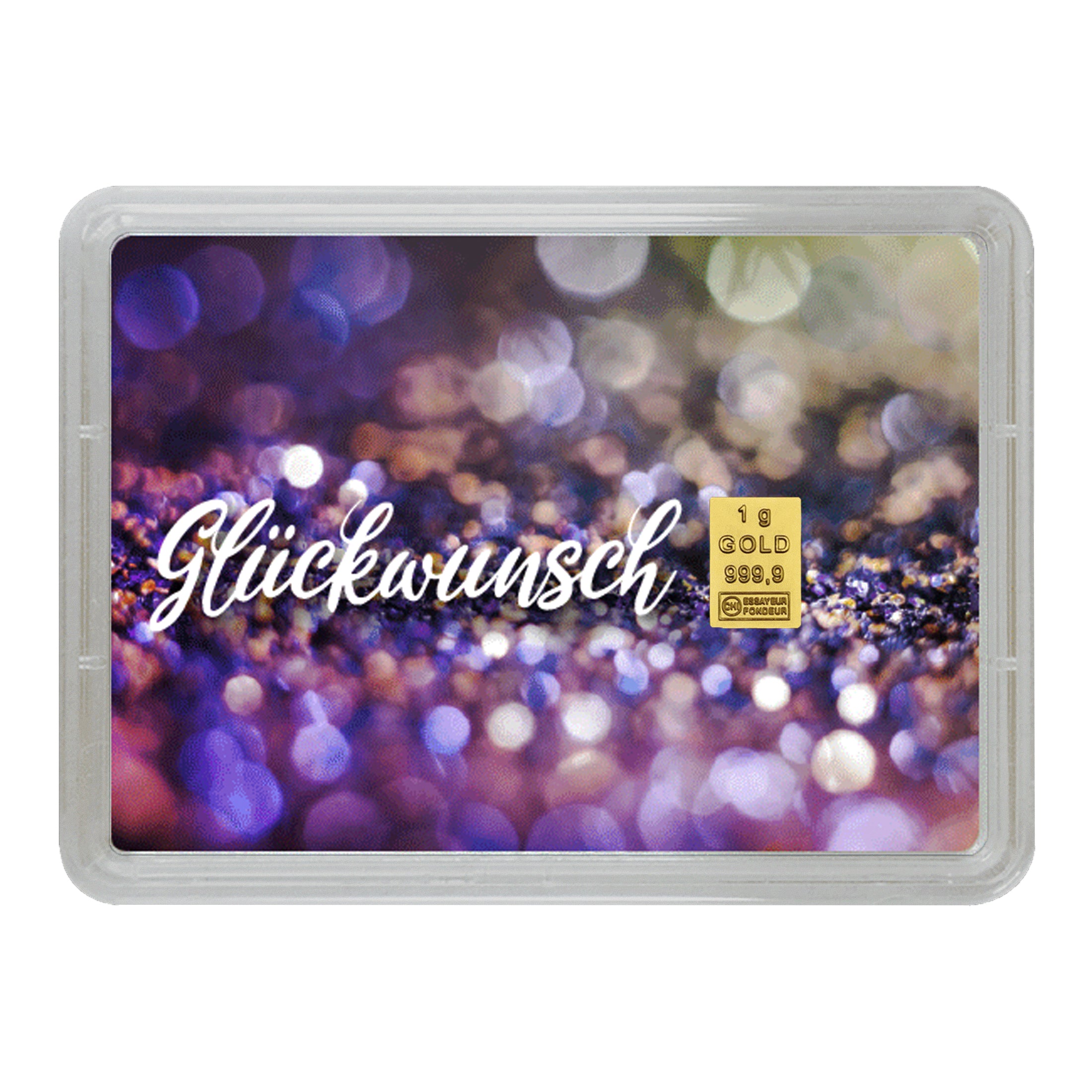 Goldgeschenk mit 1 g Feingold und funkelndem Glitzermotiv, Schriftzug „Glückwunsch“ – perfektes Präsent zur Feier.