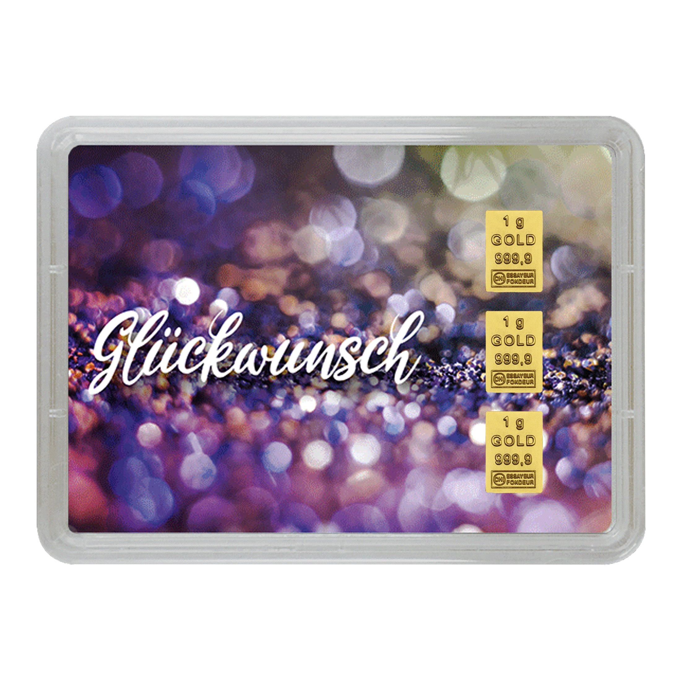 Geschenkidee mit 3 x 1 g Goldbarren, Glitzermotiv und Schriftzug „Glückwunsch“ – edle Aufmerksamkeit für besondere Erfolge.
