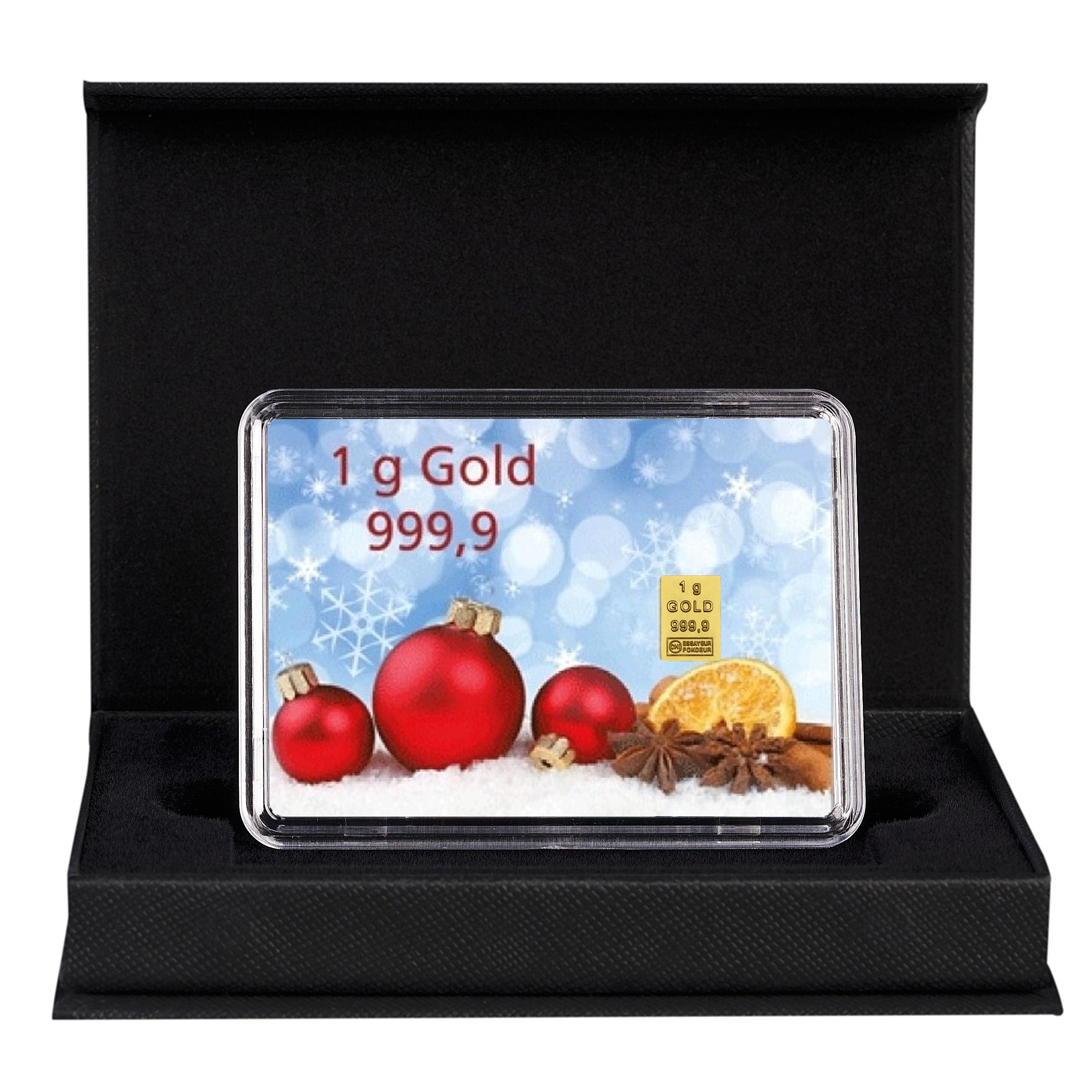 Goldbarren mit Flip-Motivbox Weihnachten "Frohes Fest" Weihnachtskugeln in schwarzer Geschenkbox inkl. Grußkarte mit Wunschtext
