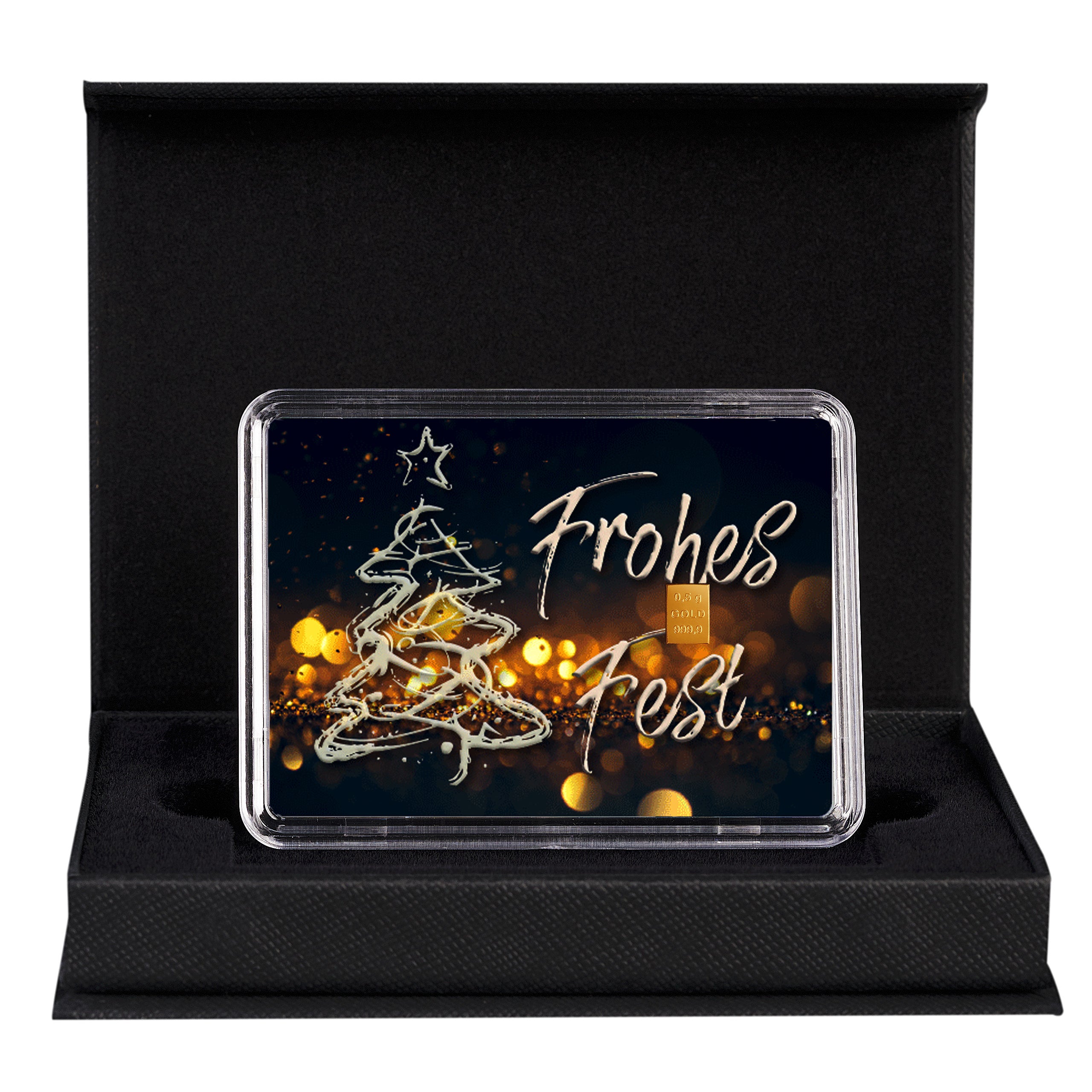 Goldbarren mit Flip-Motivbox Weihnachten "Frohes Fest" in schwarzer Geschenkbox inkl. Grußkarte mit Wunschtext