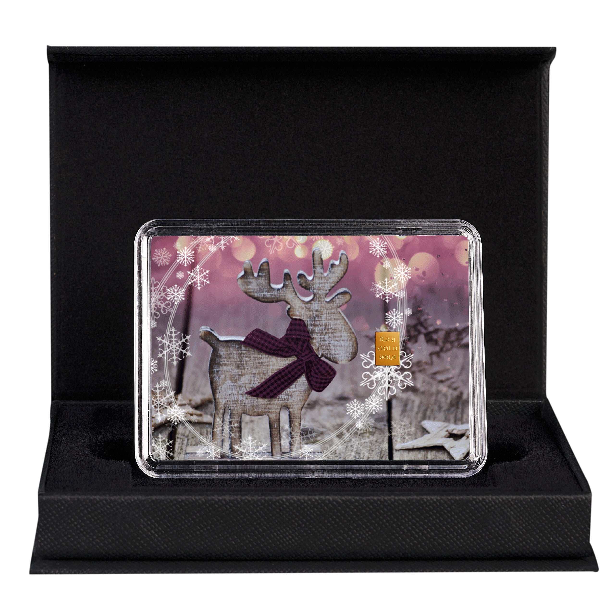 Goldbarren mit Flip-Motivbox Weihnachten "Frohes Fest" in schwarzer Geschenkbox inkl. Grußkarte mit Wunschtext