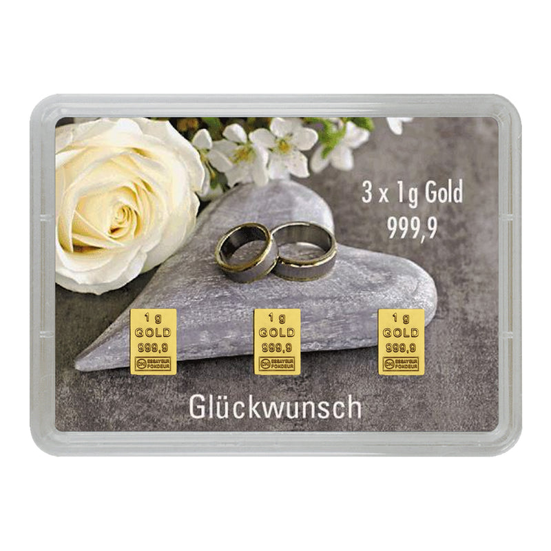 Goldbarren mit Flip-Motivbox "Herzlichen Glückwunsch zur Hochzeit"