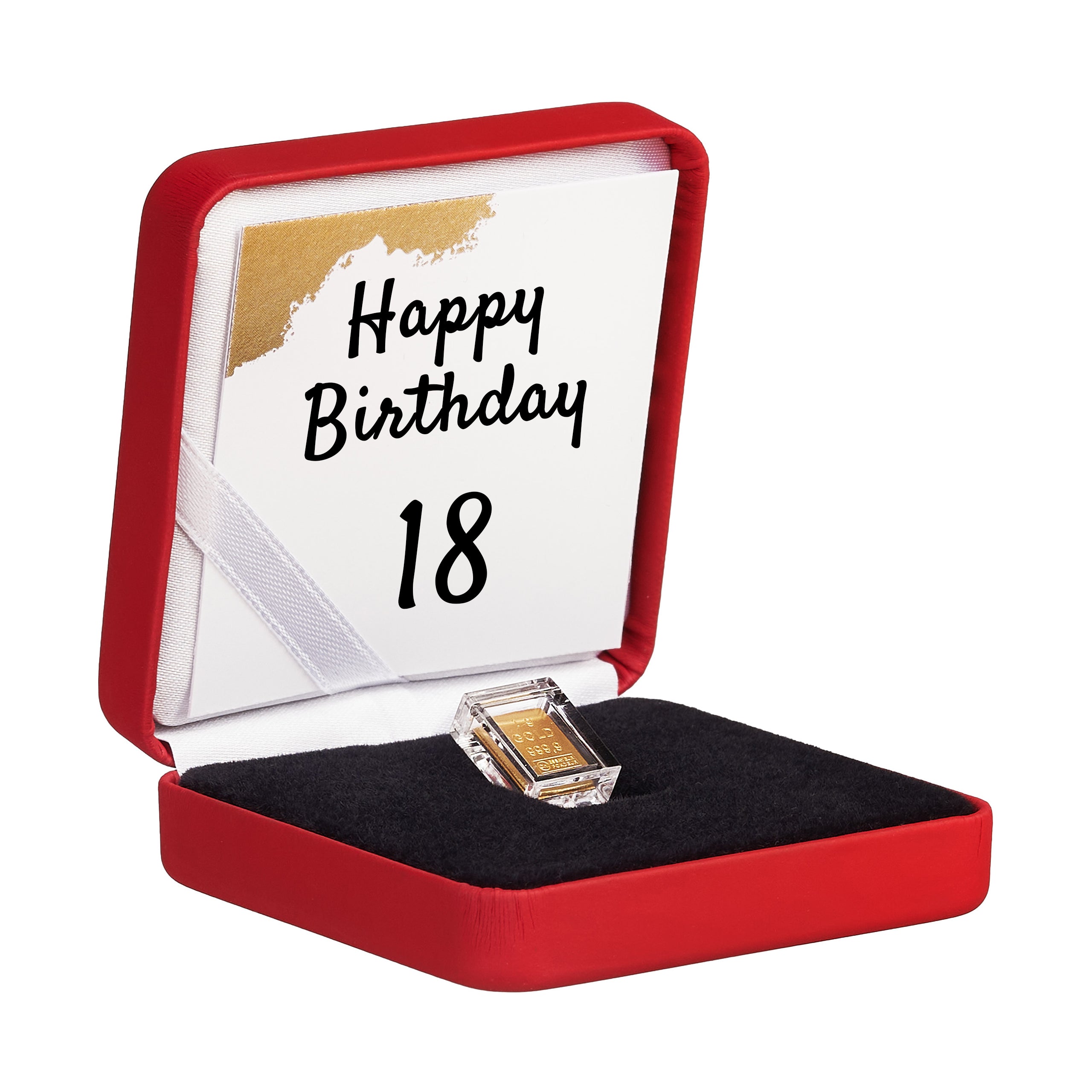 Goldbarren im roten Etui 18. Geburtstag