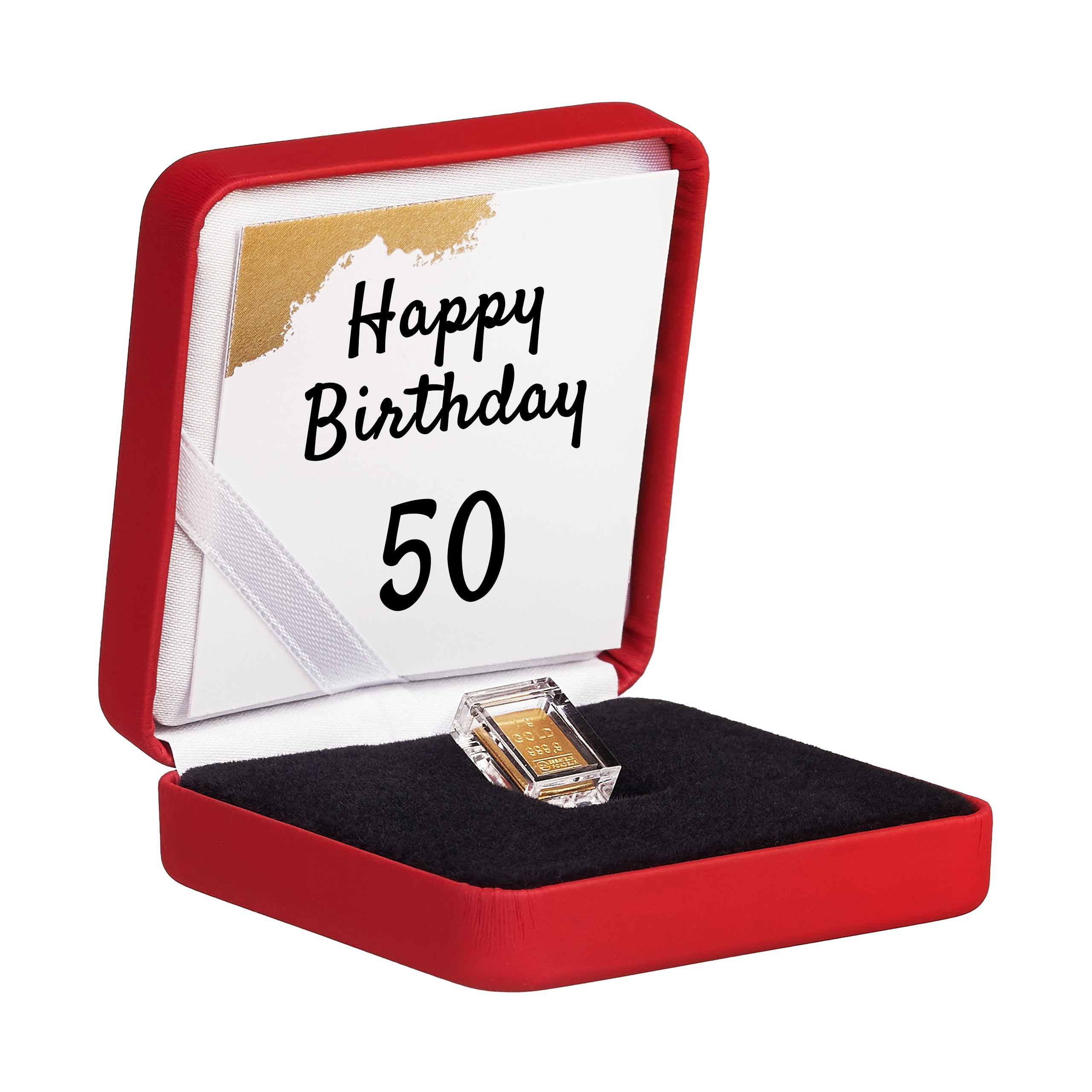 Goldbarren im roten Etui 50. Geburtstag