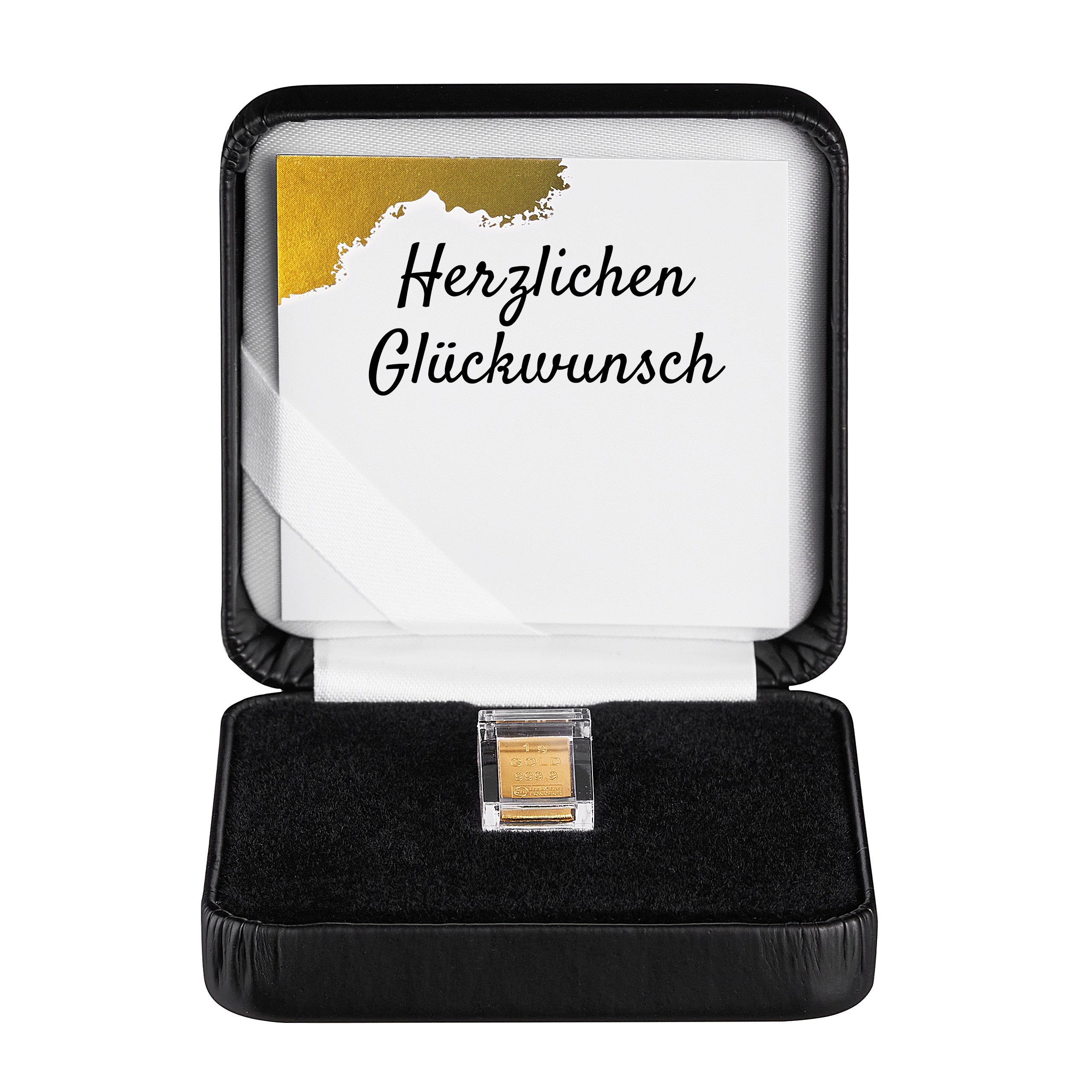 Goldbarren 1g in hochwertiger Kapsel inkl. Etui und Grußkarte nach Wahl (schwarz)