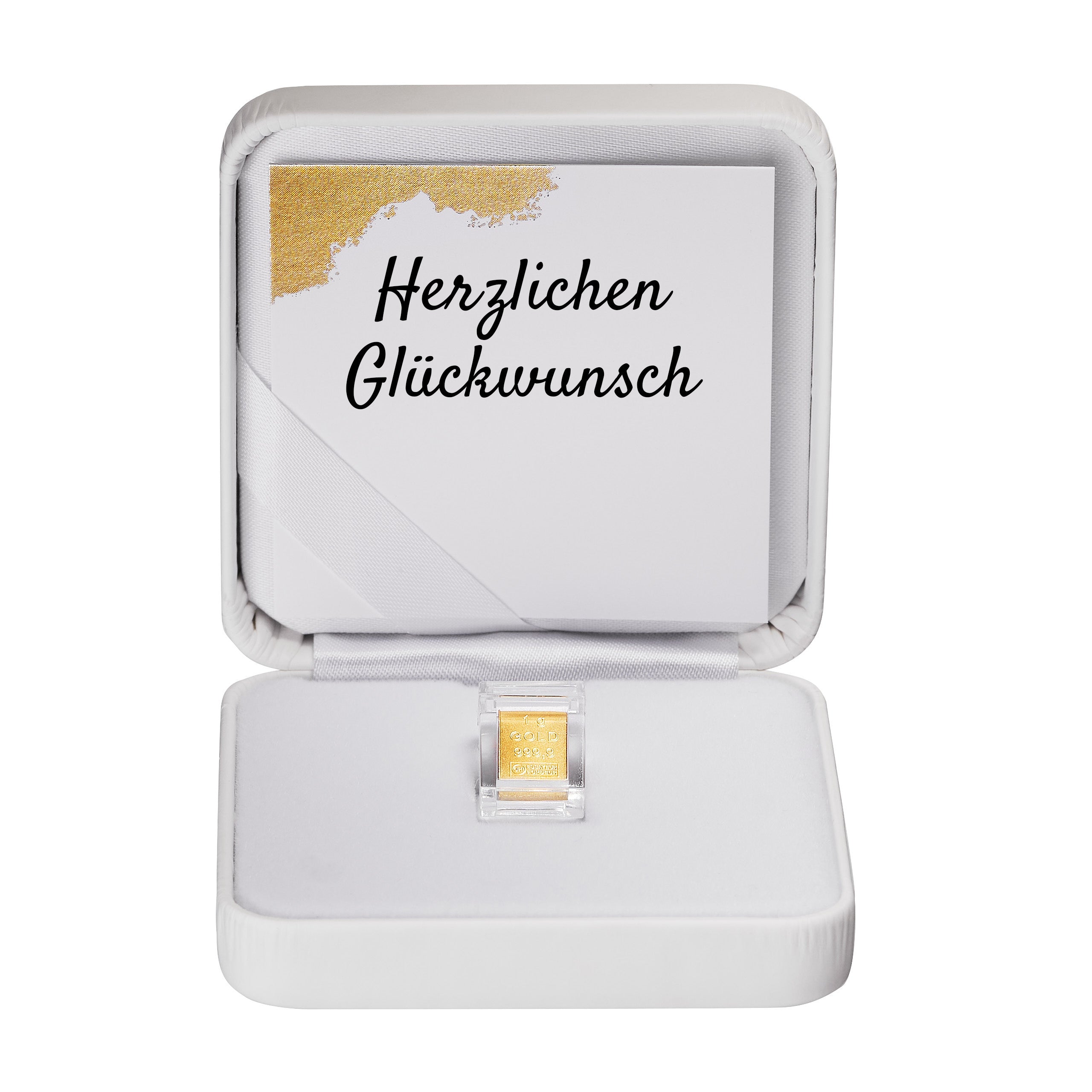 Goldbarren 1g in hochwertiger Kapsel inkl. Etui und Grußkarte nach Wahl (weiß)