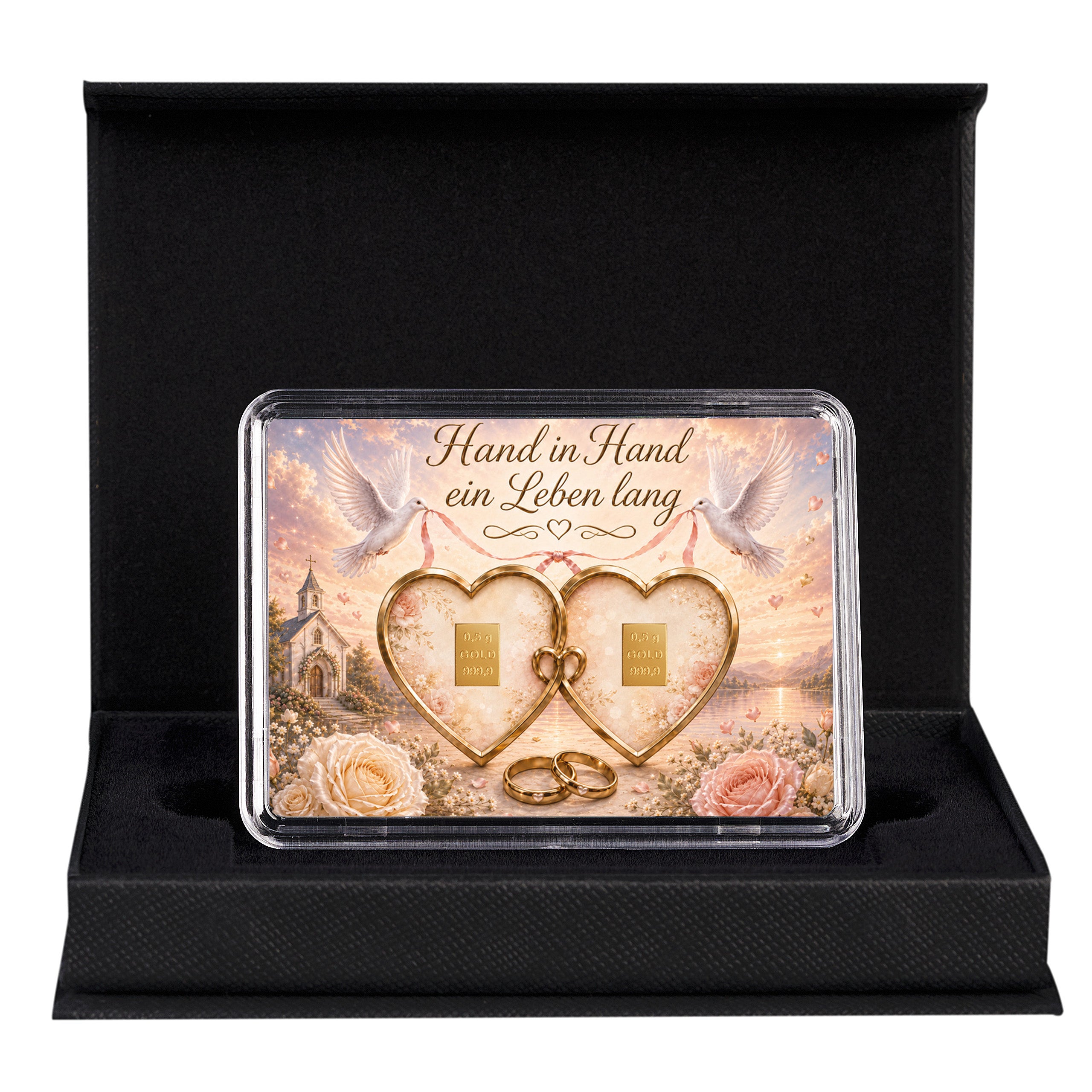 Hochzeitsgeschenk mit echtem Gold in schwarzer Geschenkbox mit Grußkarte