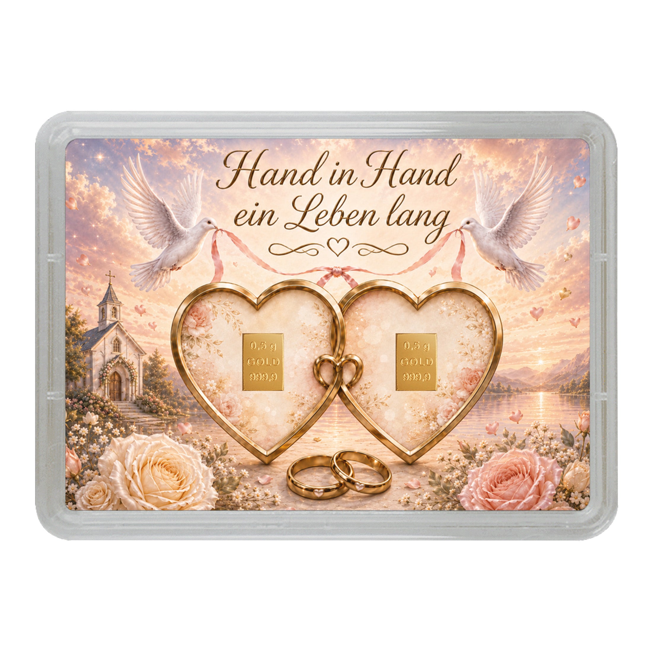Goldgeschenk zur Hochzeit „Hand in Hand ein Leben lang“ mit 2 x 0,5 g Goldbarren in Motivbox