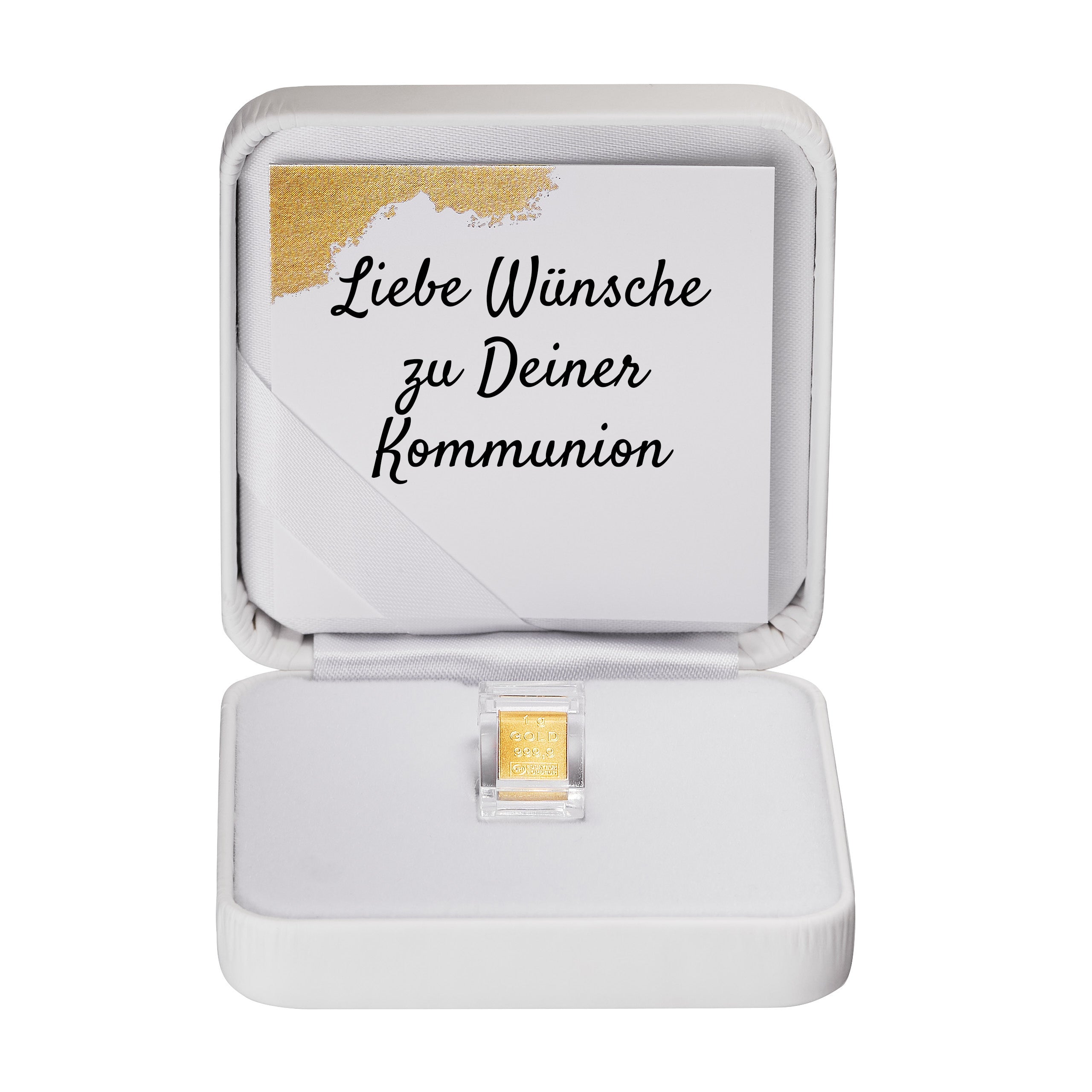 Goldbarren 1g in hochwertiger Kapsel inkl. Etui und Grußkarte nach Wahl (weiß)