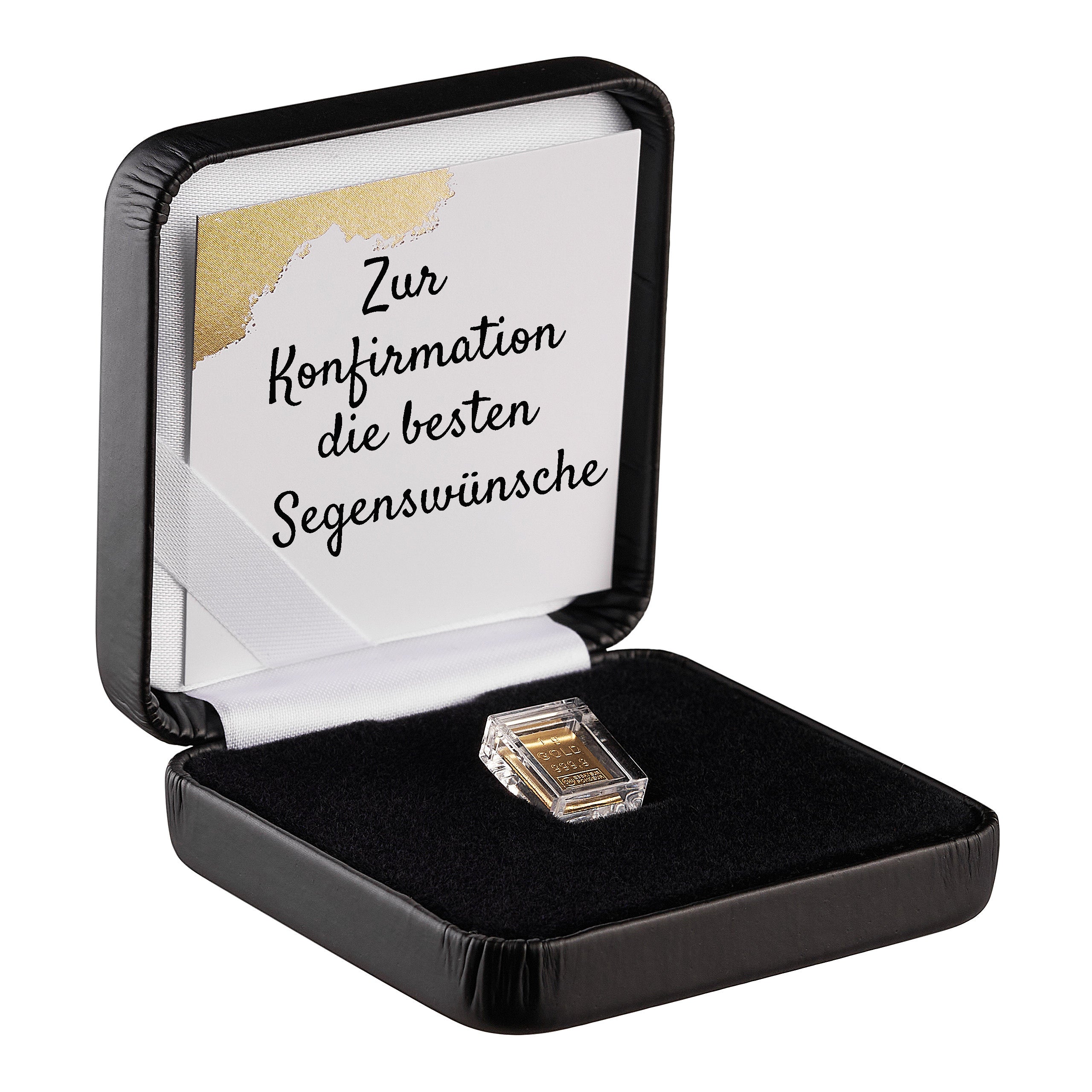 Goldbarren 1g in hochwertiger Kapsel inkl. Etui und Grußkarte nach Wahl (schwarz)