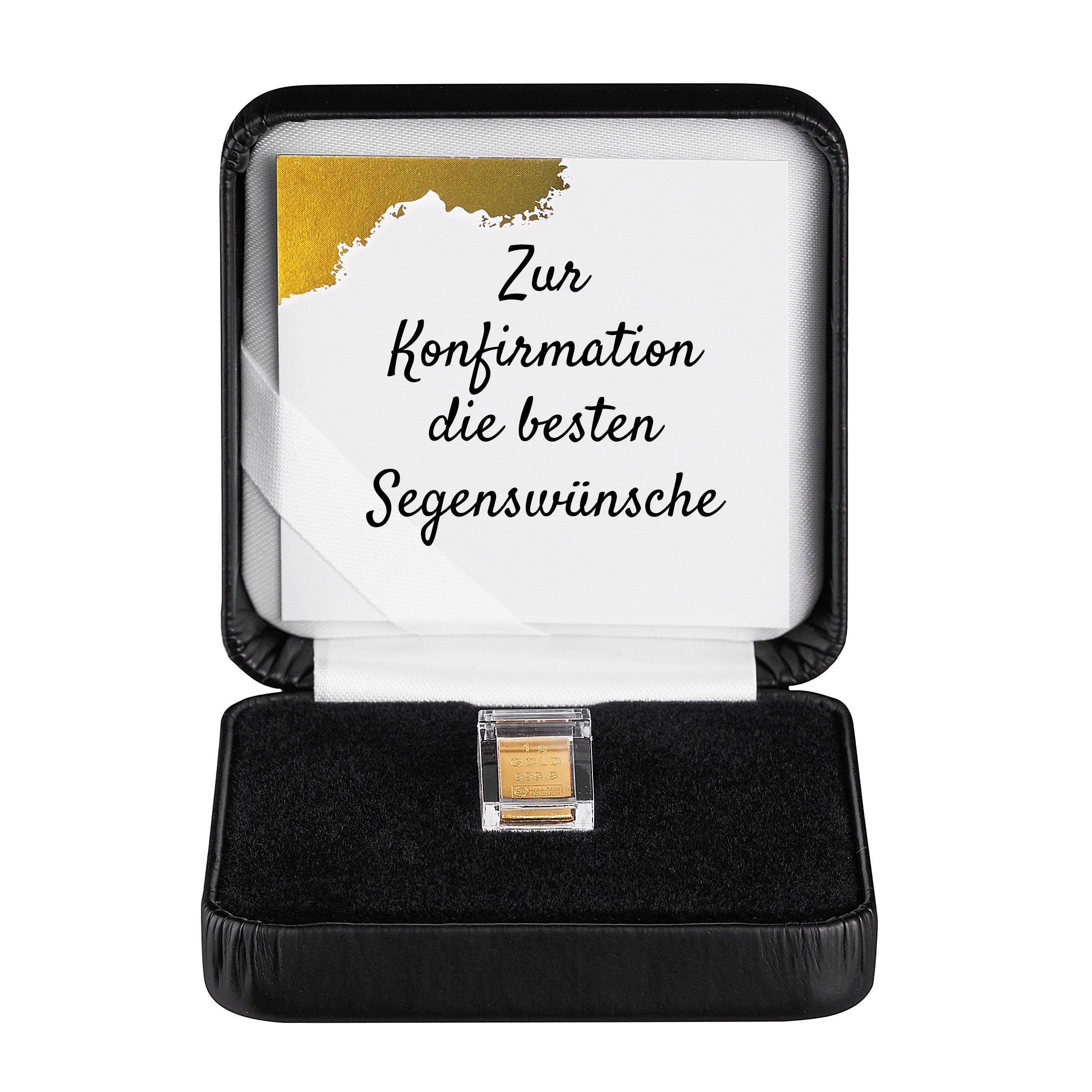 Goldbarren 1g in hochwertiger Kapsel inkl. Etui und Grußkarte nach Wahl (schwarz)