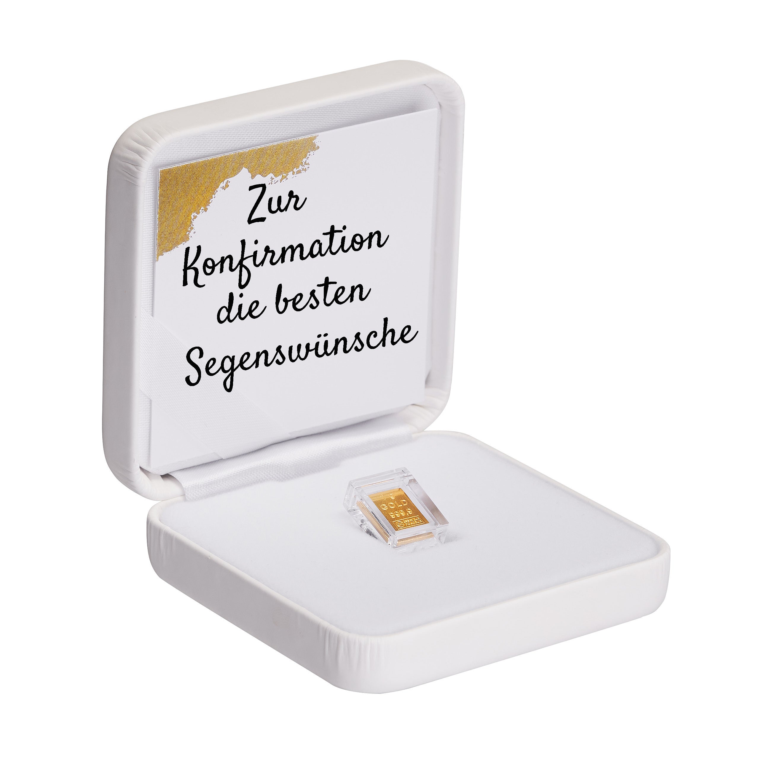 Goldbarren 1g in hochwertiger Kapsel inkl. Etui und Grußkarte nach Wahl (weiß)