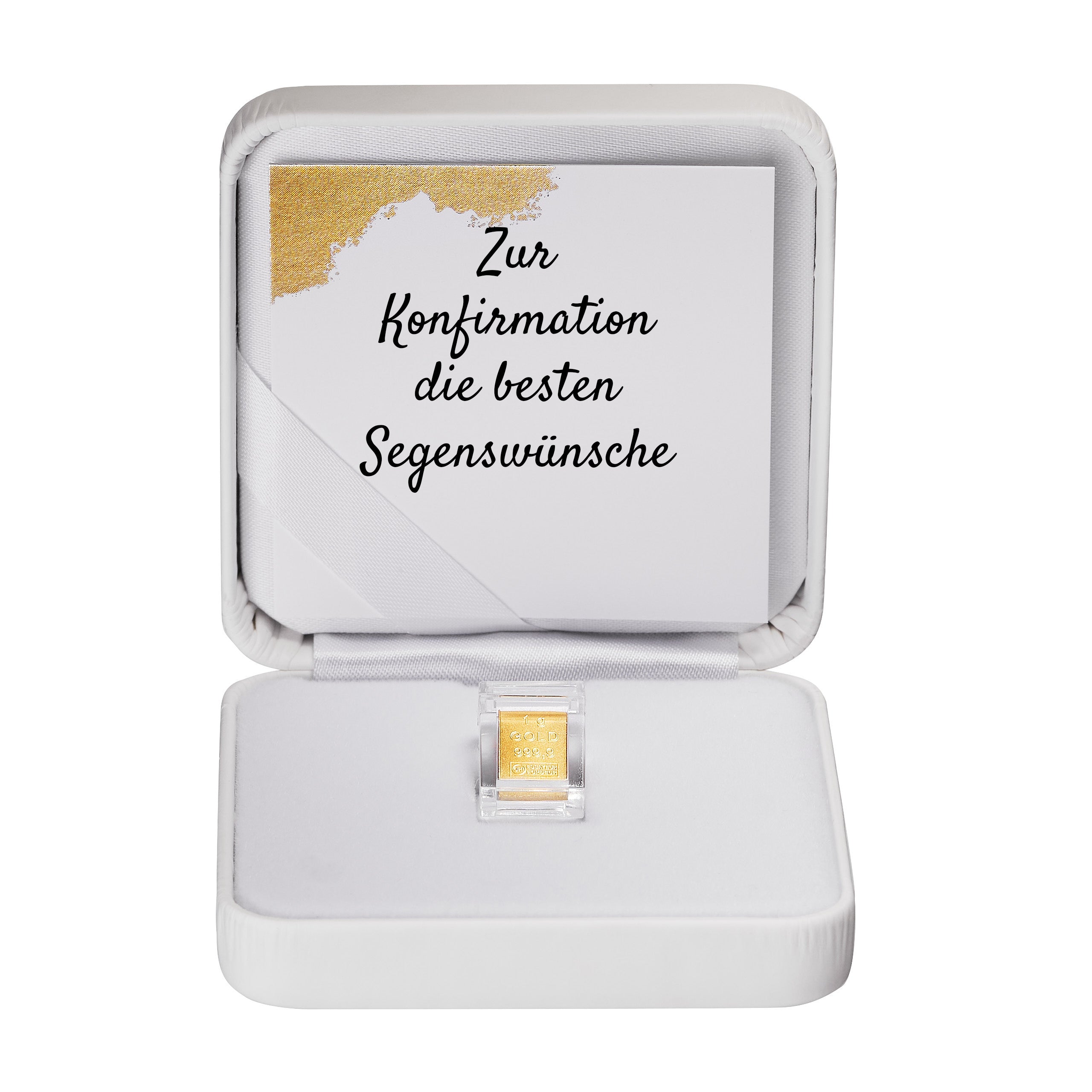 Goldbarren 1g in hochwertiger Kapsel inkl. Etui und Grußkarte nach Wahl (weiß)