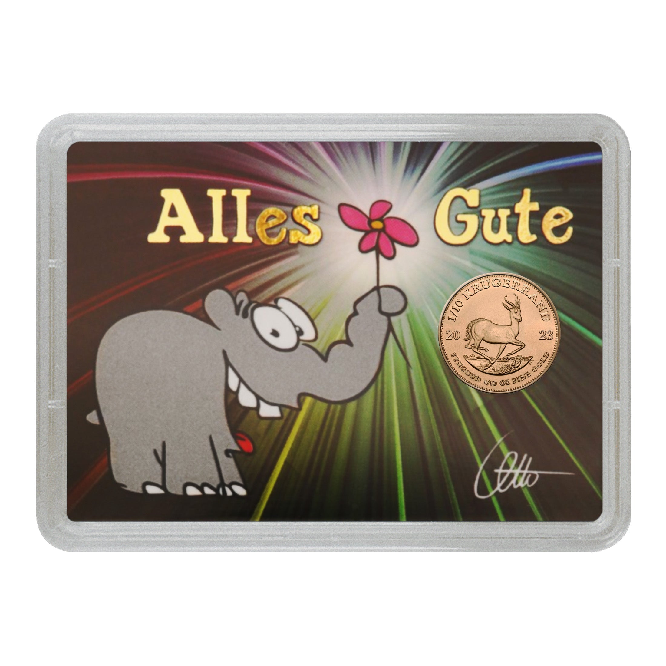 Goldmünze 1/10 Unze Krügerrand "Ottifant - Alles Gute" in schwarzer Geschenkbox