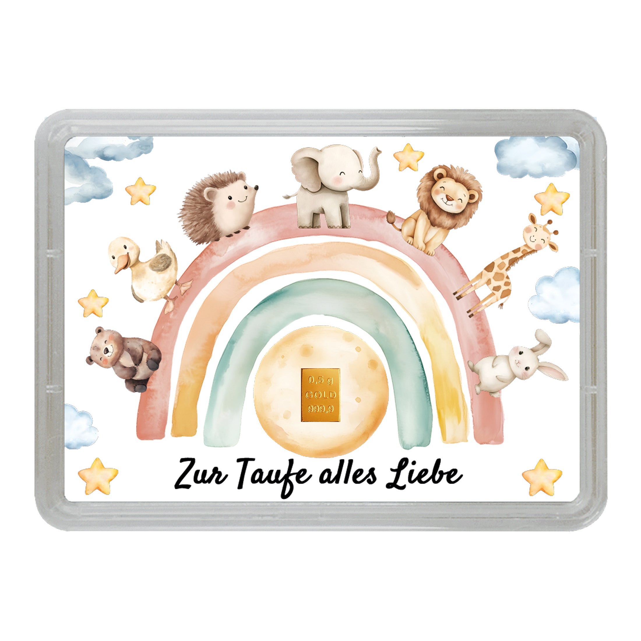 „Goldgeschenk zur Taufe – Motivbox ‚Zur Taufe alles Liebe‘ mit 0,5 g Goldbarren im goldenen Geschenkbeutel“