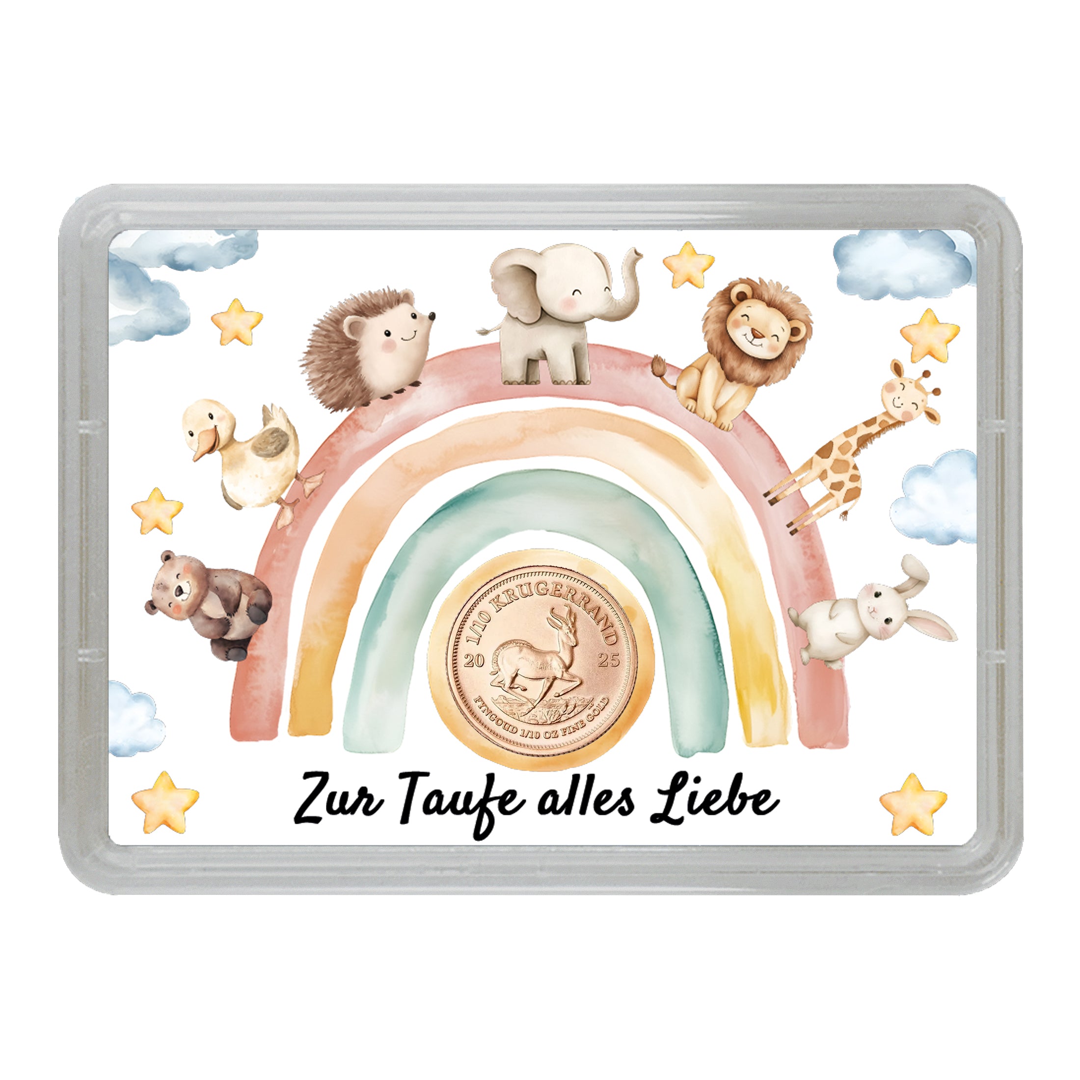 „Goldgeschenk zur Taufe – Motivbox ‚Zur Taufe alles Liebe‘ mit 1/10 Unze Krügerrand Goldmünze im goldenen Geschenkbeutel“