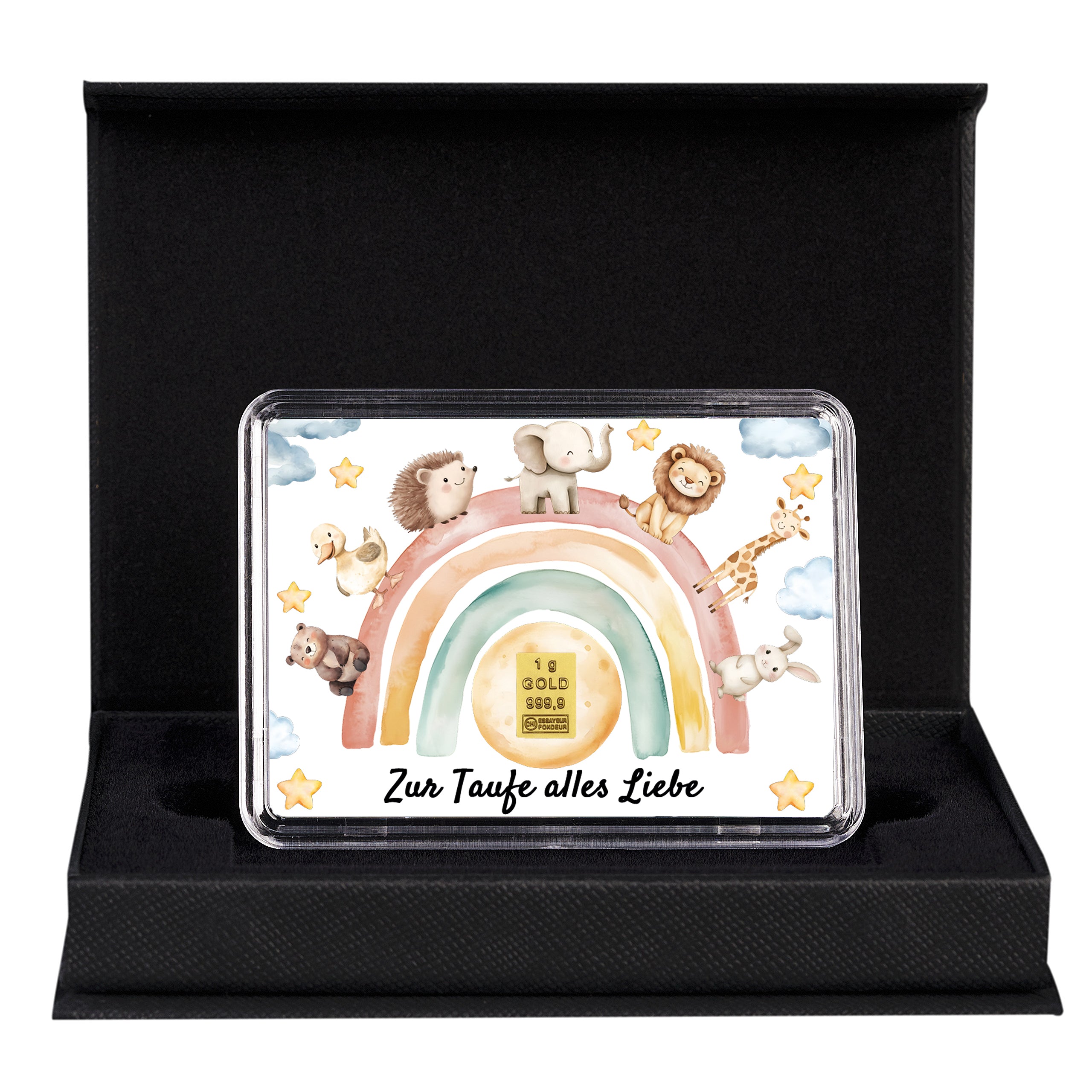 Taufgeschenk mit 1 g Goldbarren – Motivbox in eleganter Geschenkbox mit Schleife