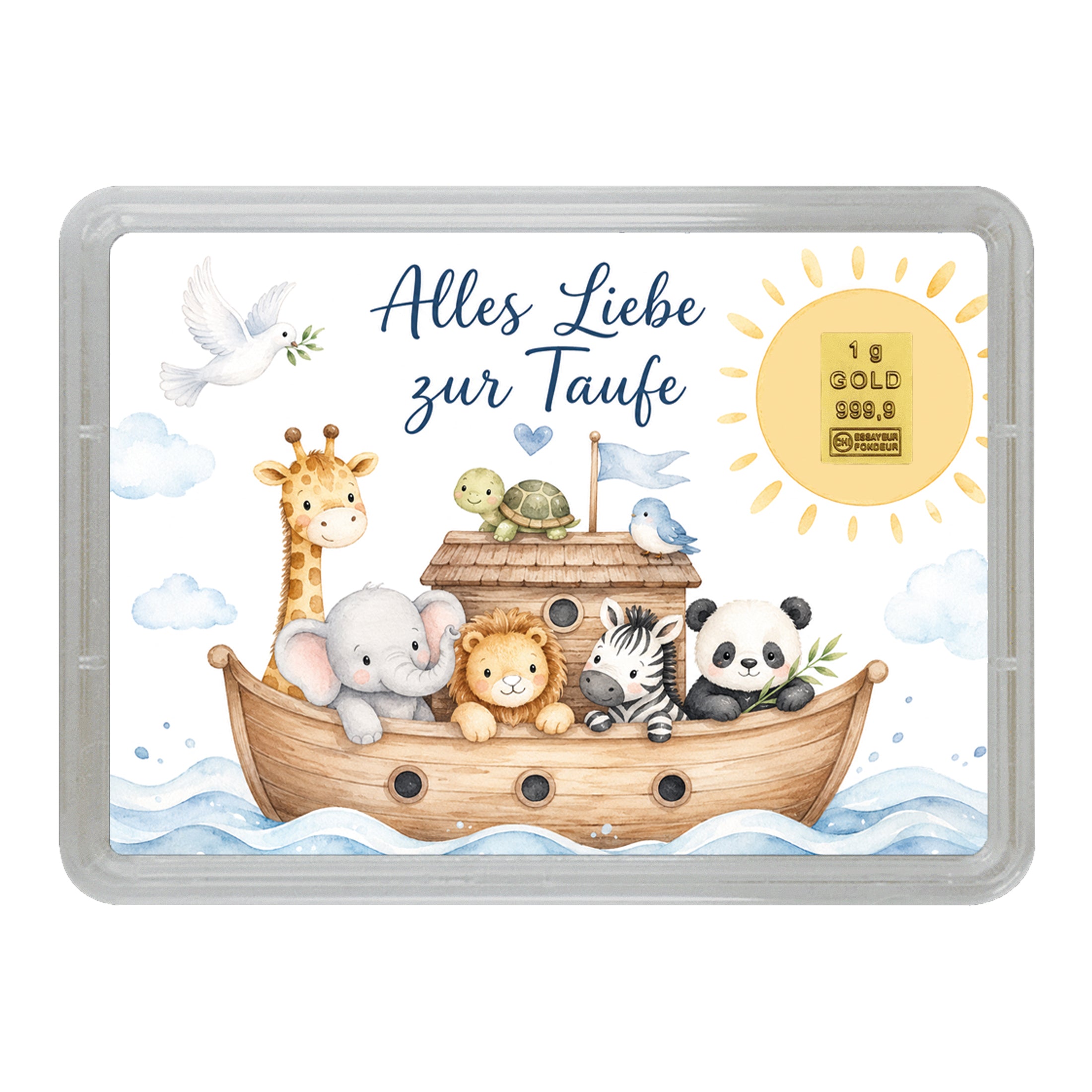 Taufgeschenk Motivbox mit 1 Gramm Goldbarren