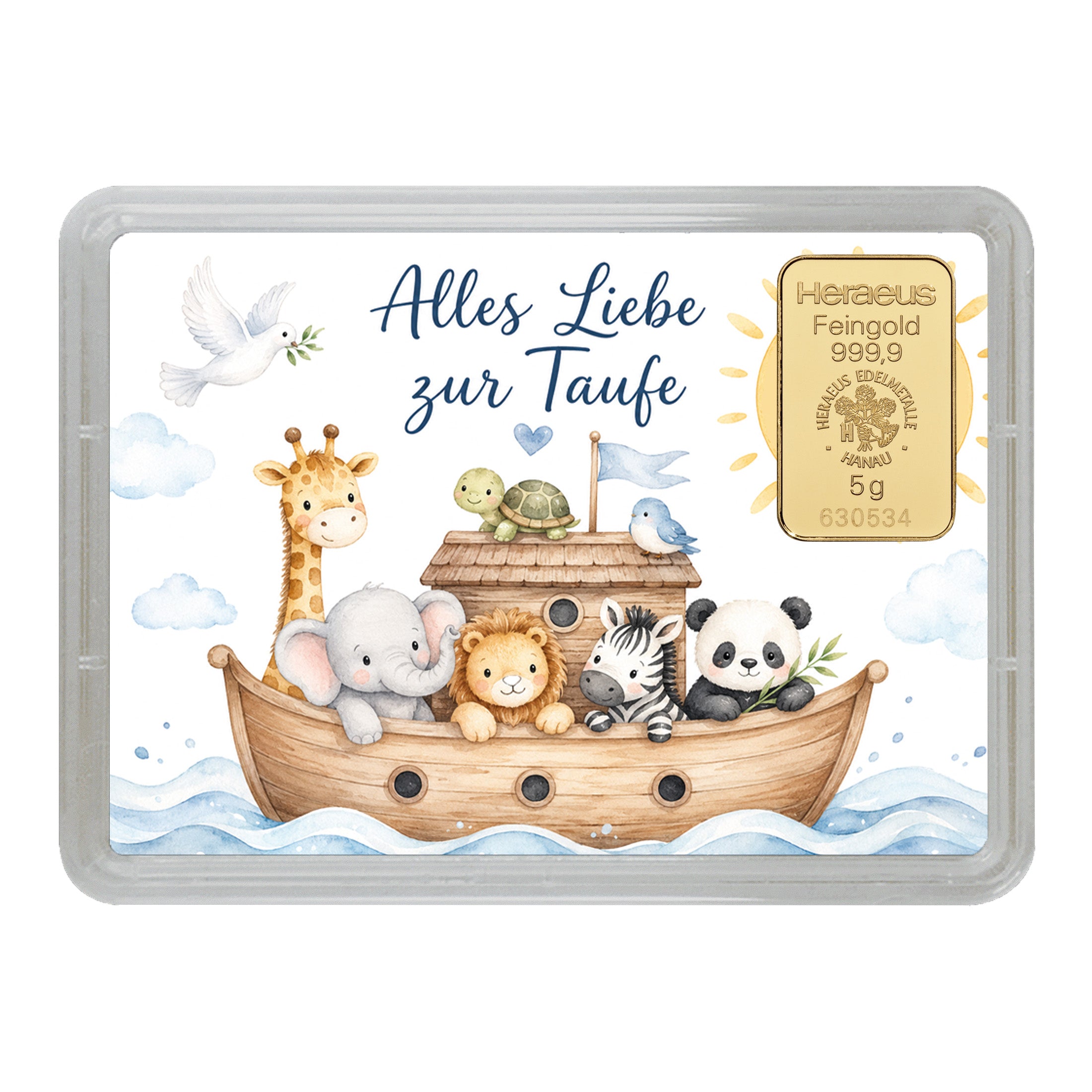 Arche Noah mit Tieren und einem 5g Feingoldbarren aus dem Hause Heraeus