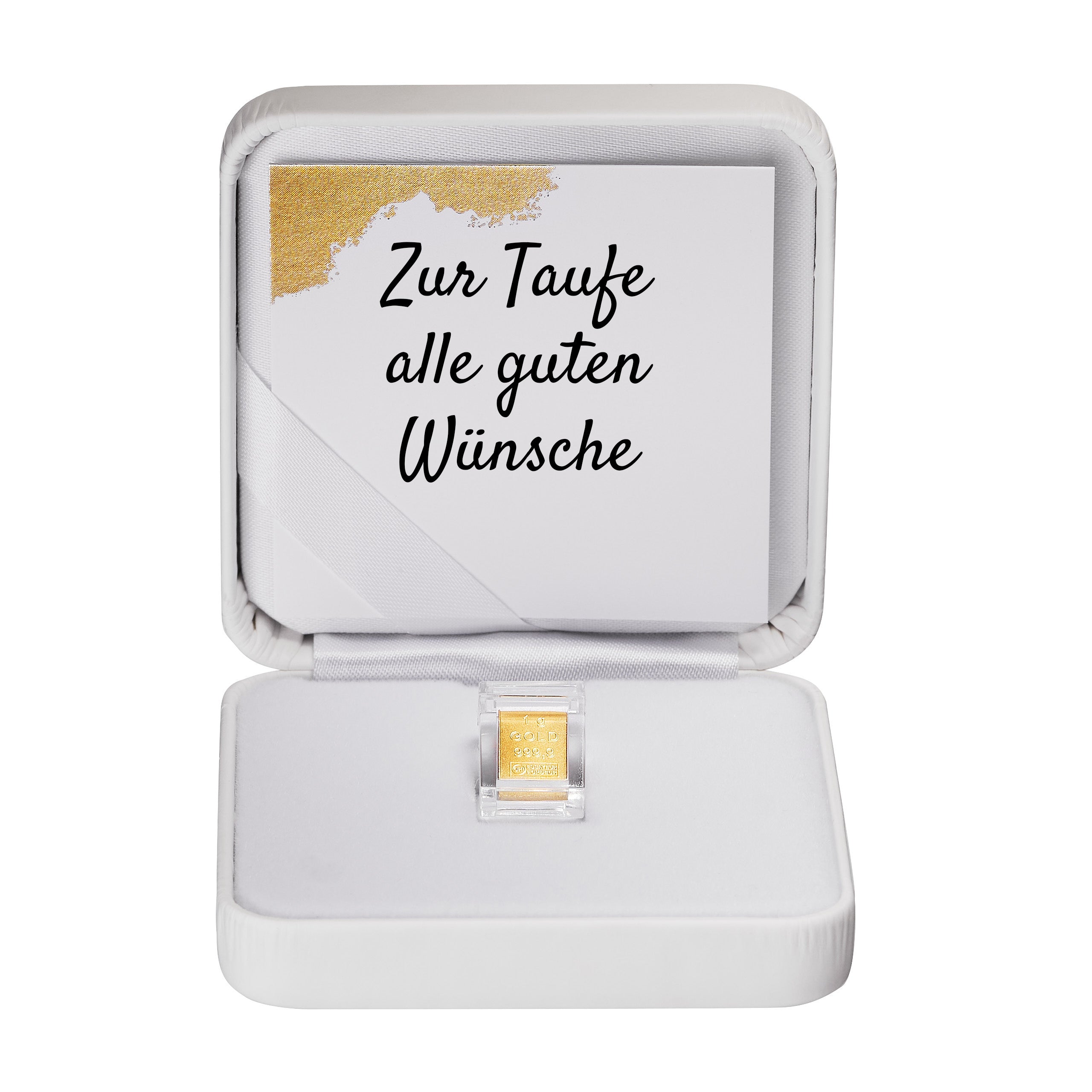 Goldbarren 1g in hochwertiger Kapsel inkl. Etui und Grußkarte nach Wahl (weiß)