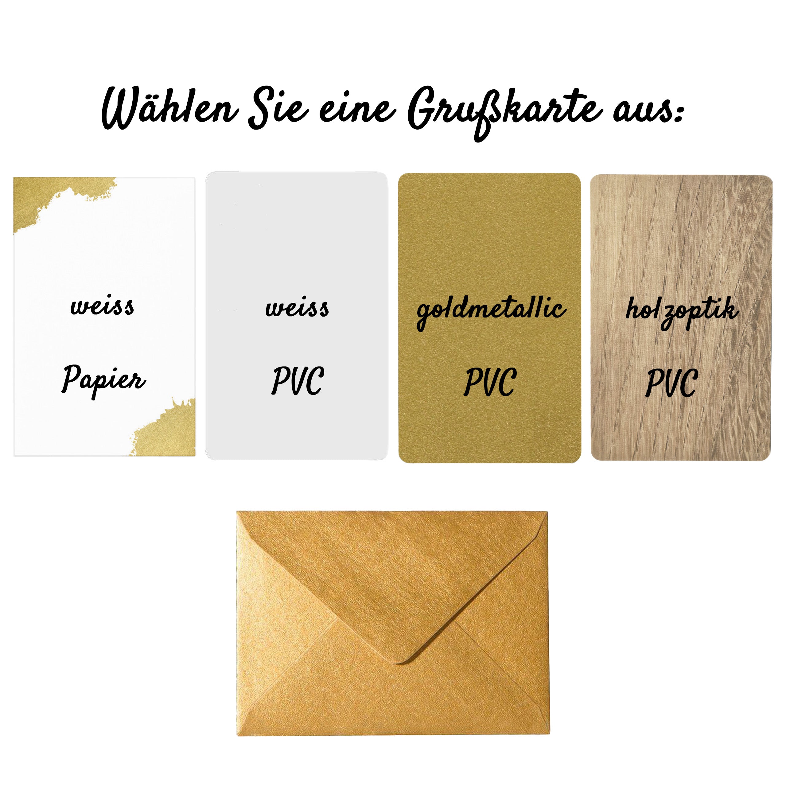 Grußkarte mit Wunschtext im goldenen Geschenkumschlag