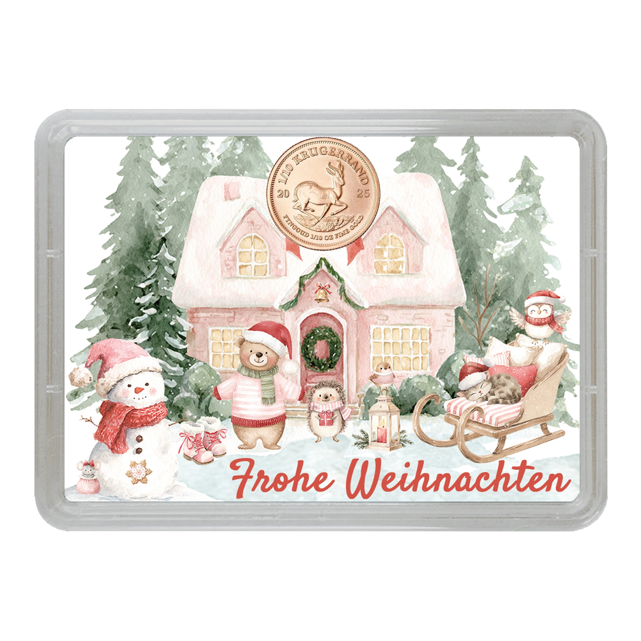 Goldgeschenk Weihnachten – Motivbox ‚Frohe Weihnachten‘ mit 1/10 Unze Krügerrand Goldmünze im goldenen Geschenkbeutel