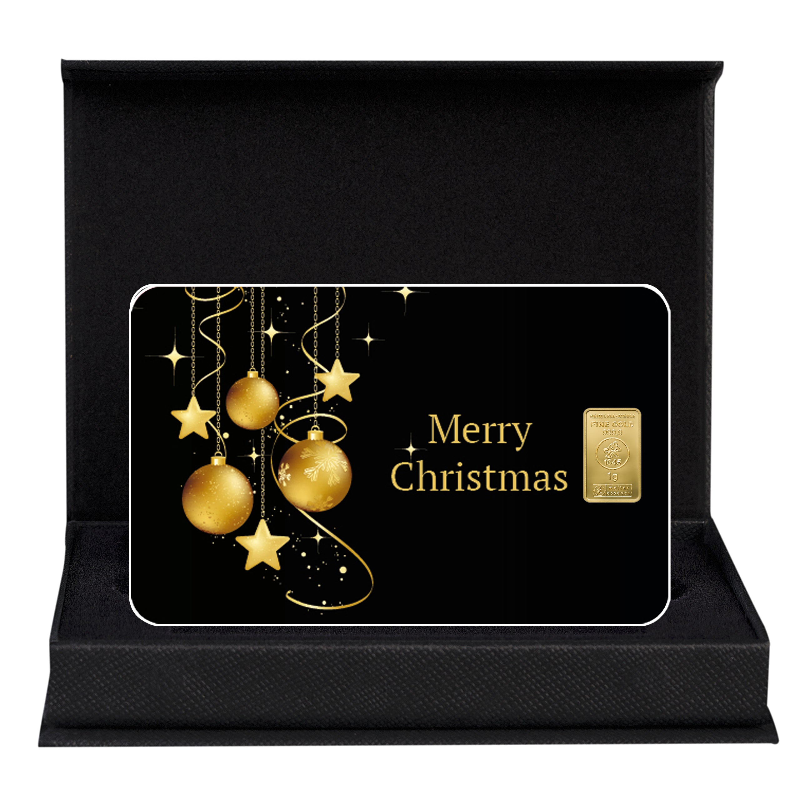 Motivkarte „Merry Christmas“ mit 1g Goldbarren in schwarzer Geschenkbox