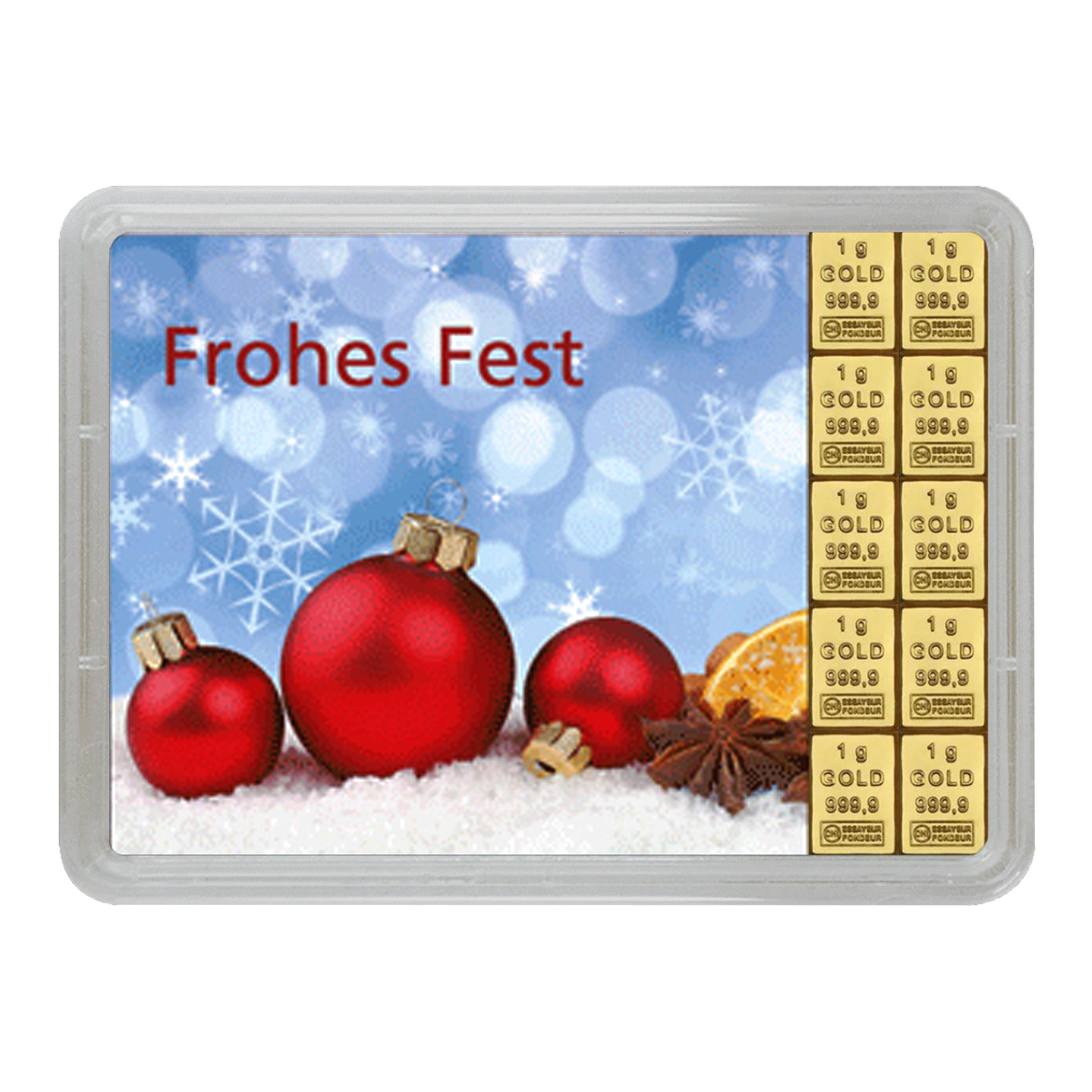 Goldbarren mit Flip-Motivbox "Frohes Fest" Weihnachtskugeln