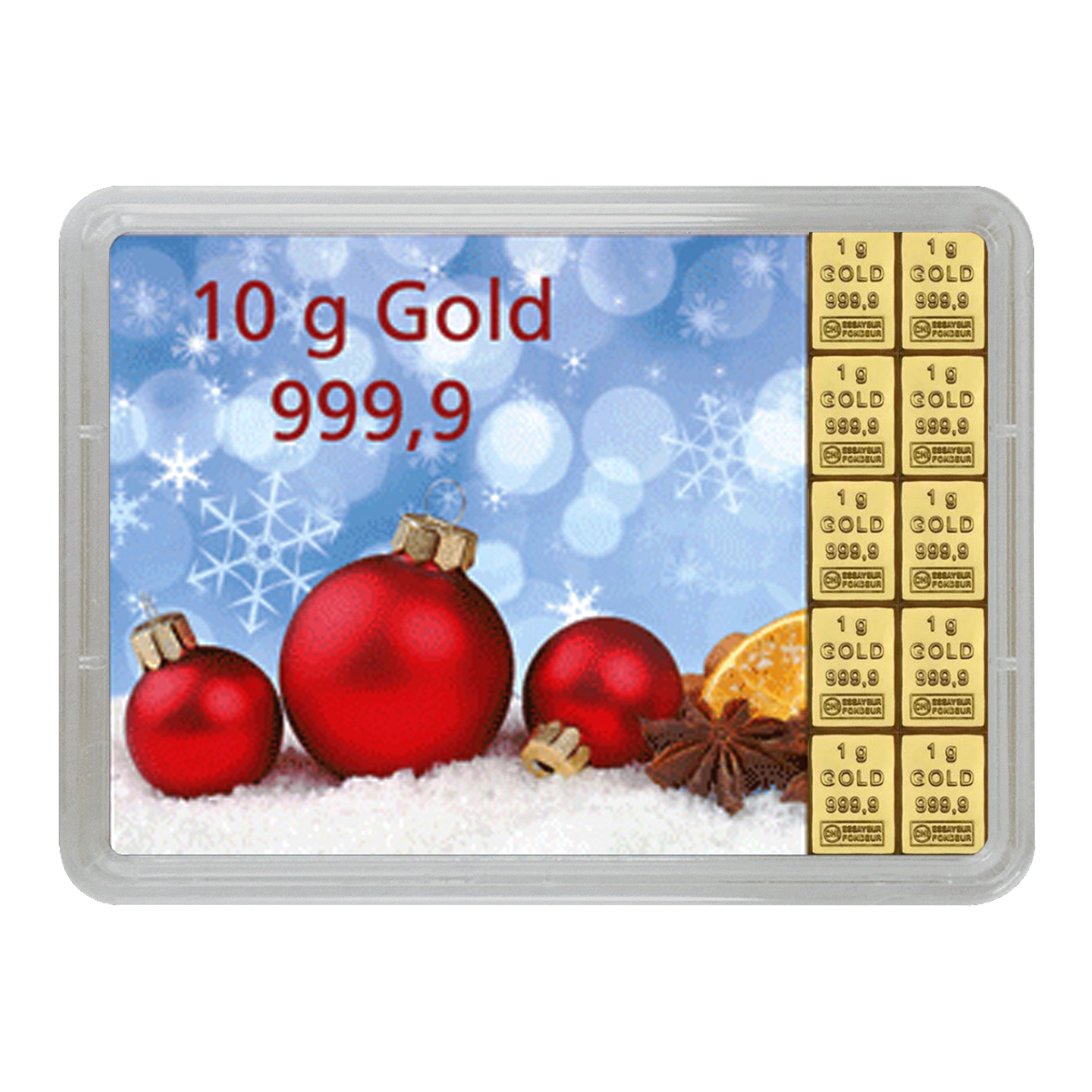 Goldbarren mit Flip-Motivbox "Frohes Fest" Weihnachtskugeln