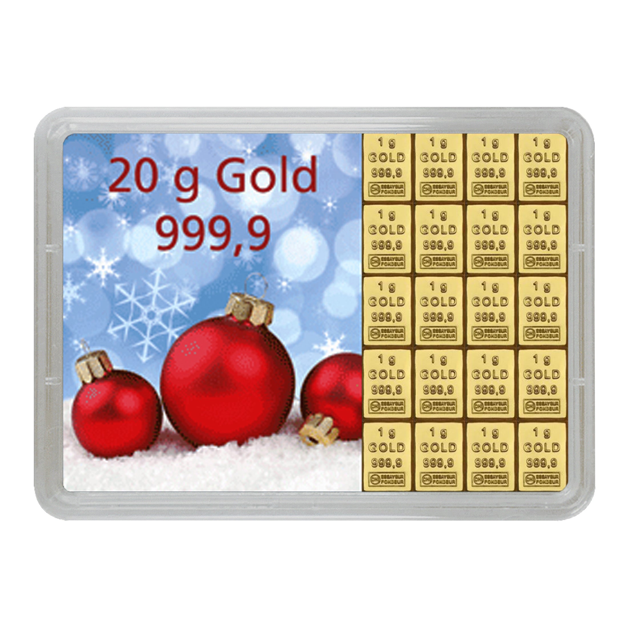 Goldbarren mit Flip-Motivbox "Frohes Fest" Weihnachtskugeln