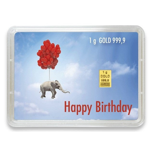 Goldbarren mit Flip-Motivbox "Happy Birthday" Elefant