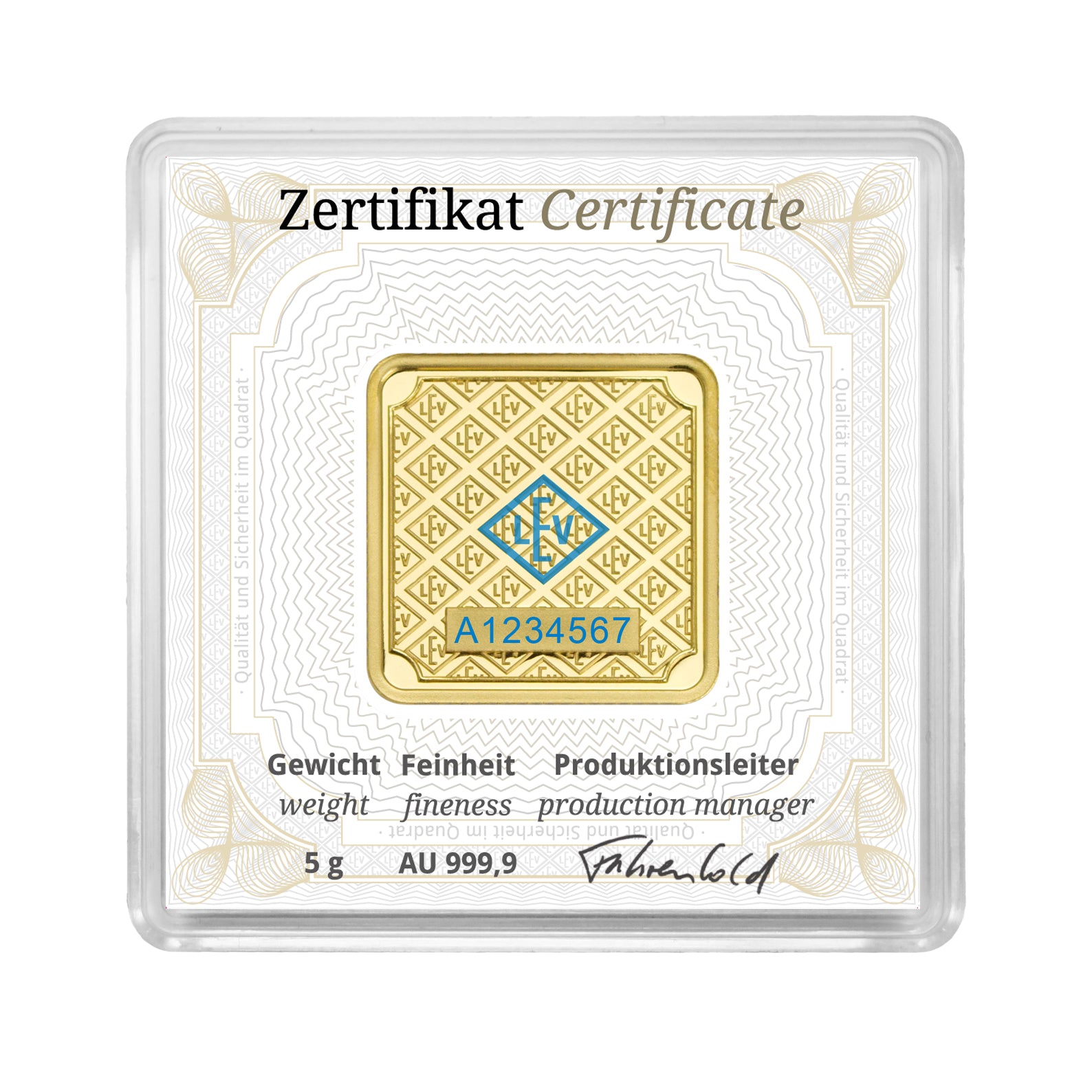 Goldbarren im edlen Echtholz-Etui / Grußkarte mit Wunschtext