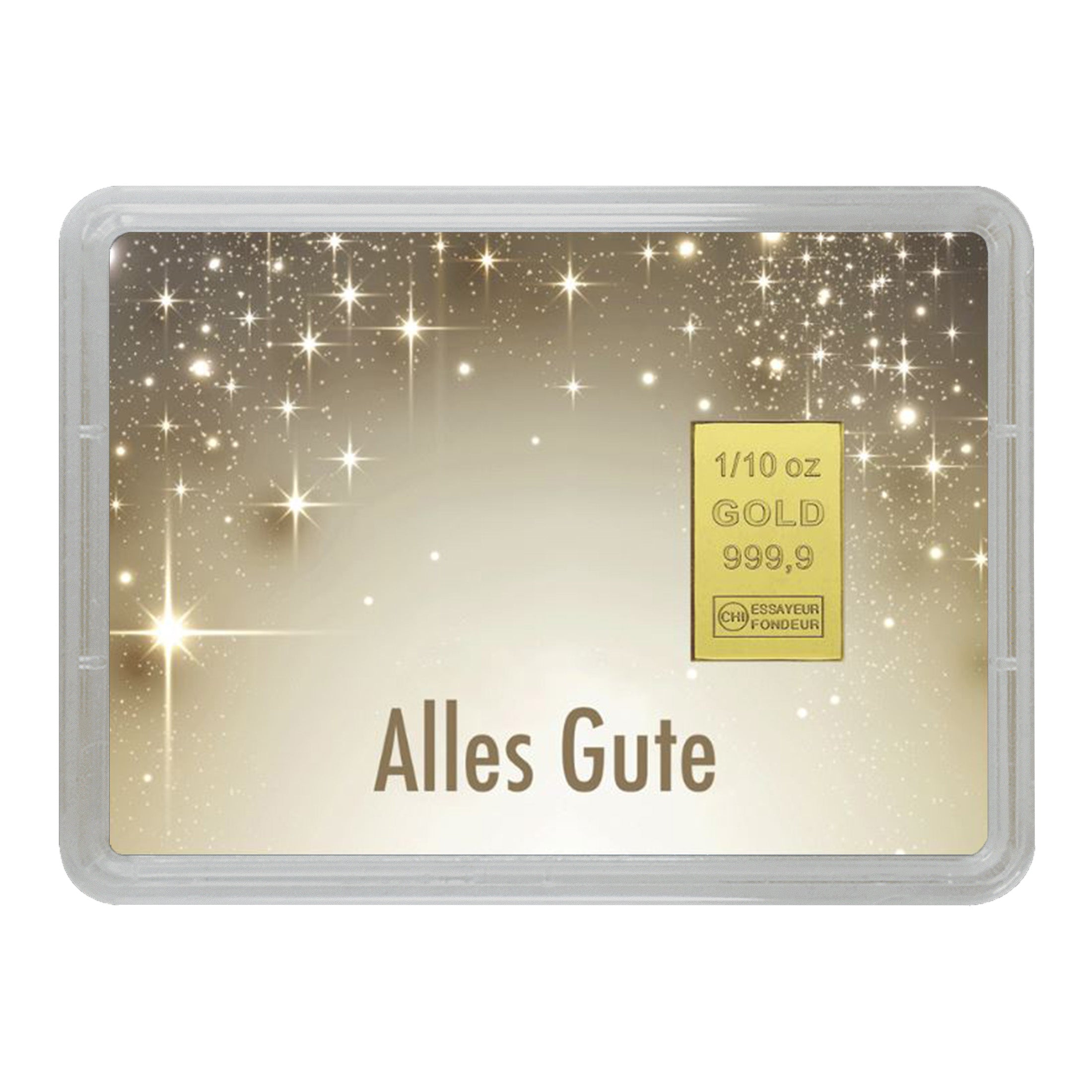 Goldbarren-Geschenk mit der Aufschrift „Alles Gute“ vor einem funkelnden Sternenhintergrund. Rechts ist ein 1/10 oz Goldbarren mit einem Feingehalt von 999,9 abgebildet. Ideal als edles Präsent für verschiedene Anlässe.