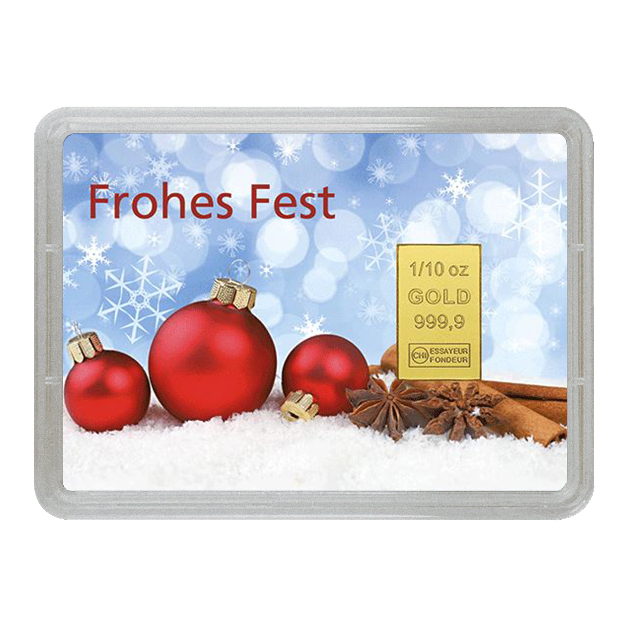 Goldbarren mit Flip-Motivbox "Frohes Fest" Weihnachtskugeln