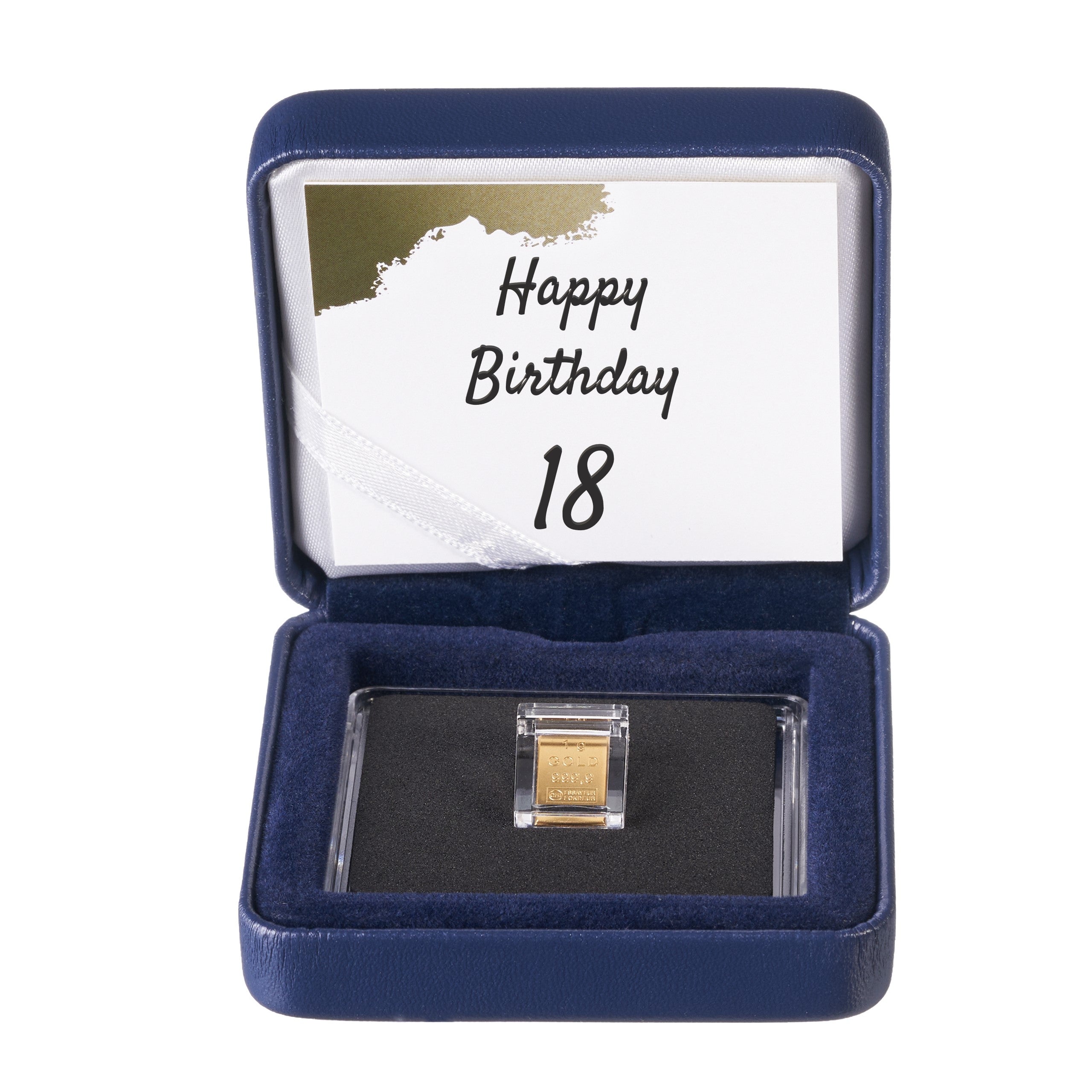 Goldbarren 1g im Etui inkl. Grußkarte "Happy Birthday" nach Wahl (blau)
