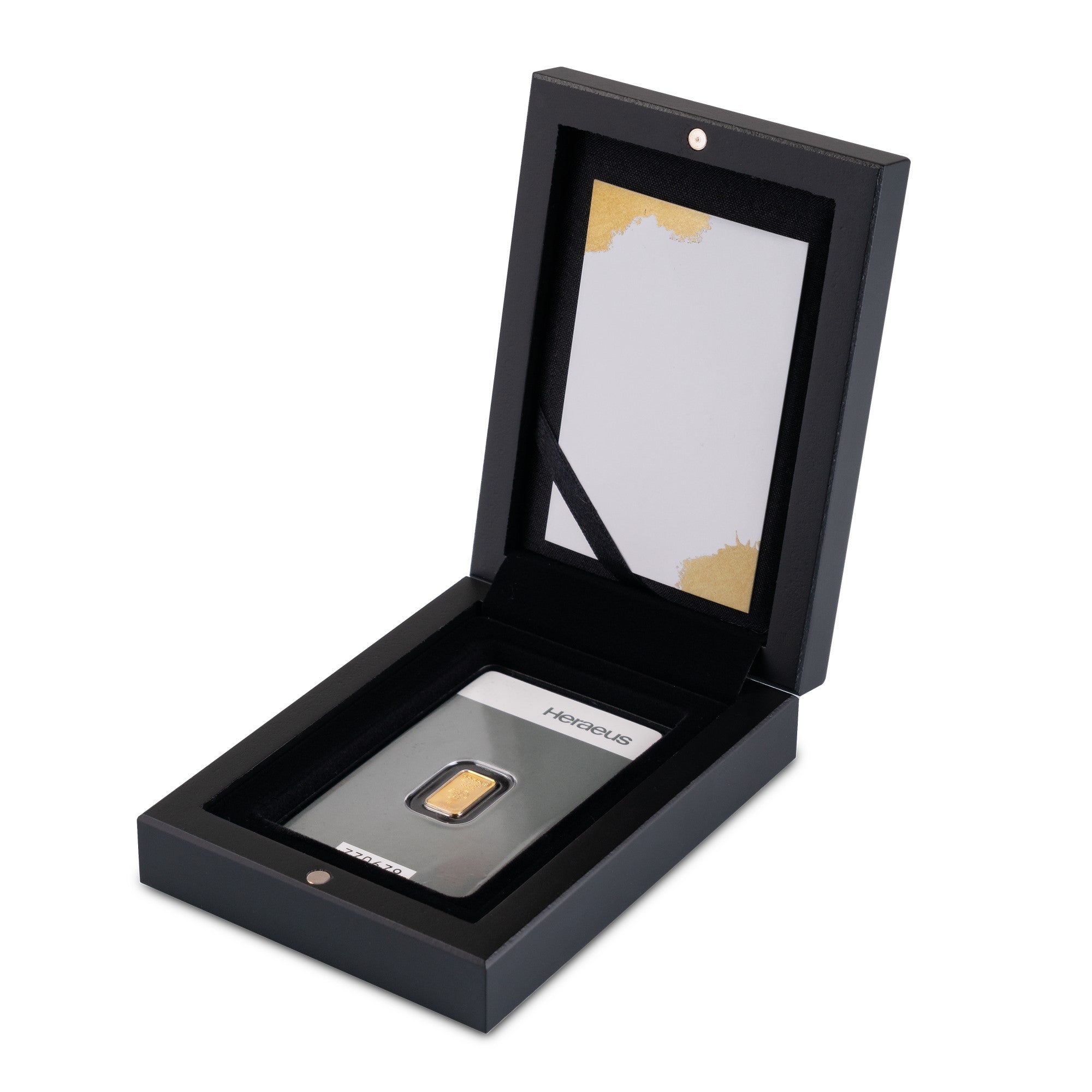 Edle schwarze Geschenkbox mit 1g Heraeus Goldbarren und Grußkarte ohne Text #Grußkarte_ohne text