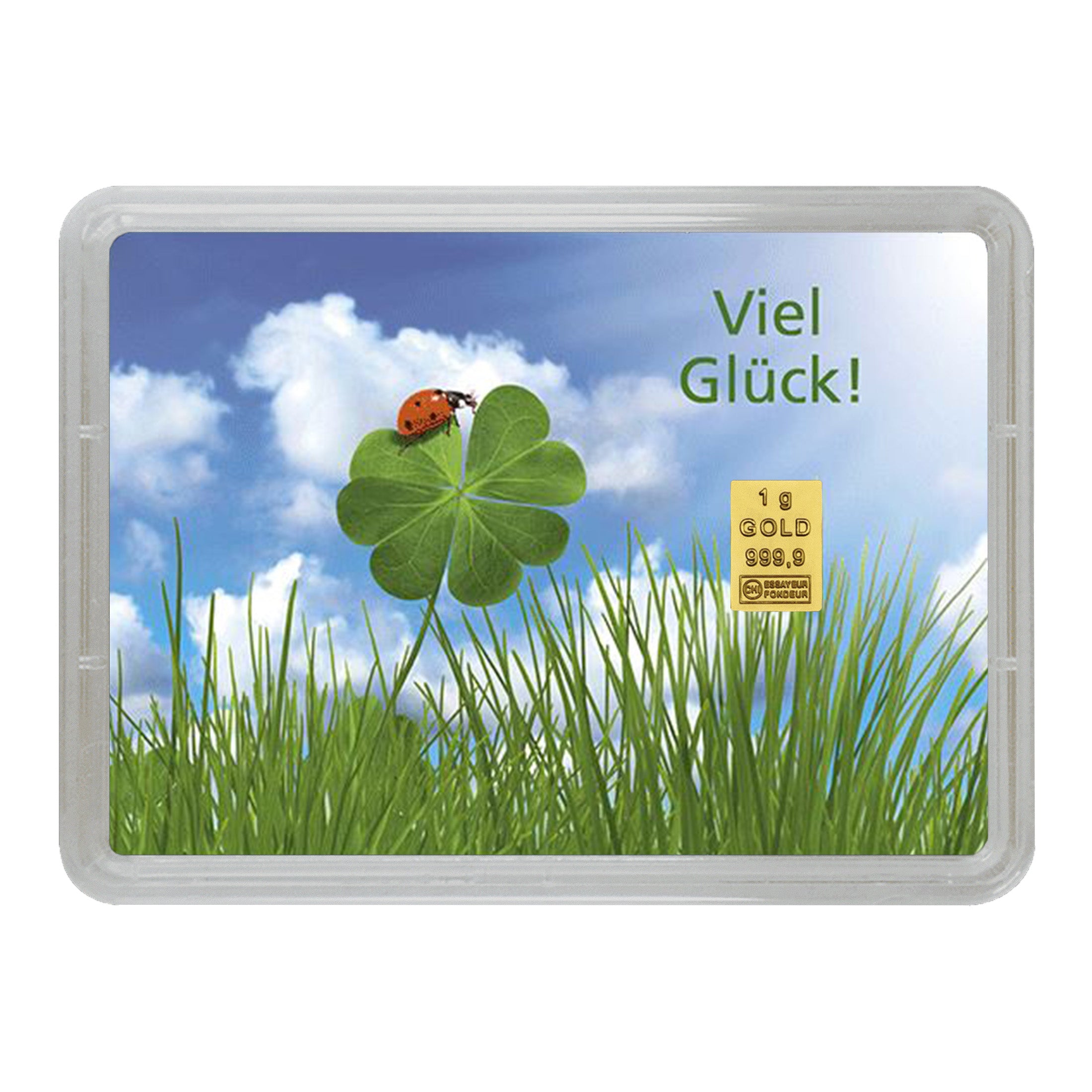 Goldbarren mit Flip-Motivbox "Viel Glück" - Kleeblatt mit Marienkäfer